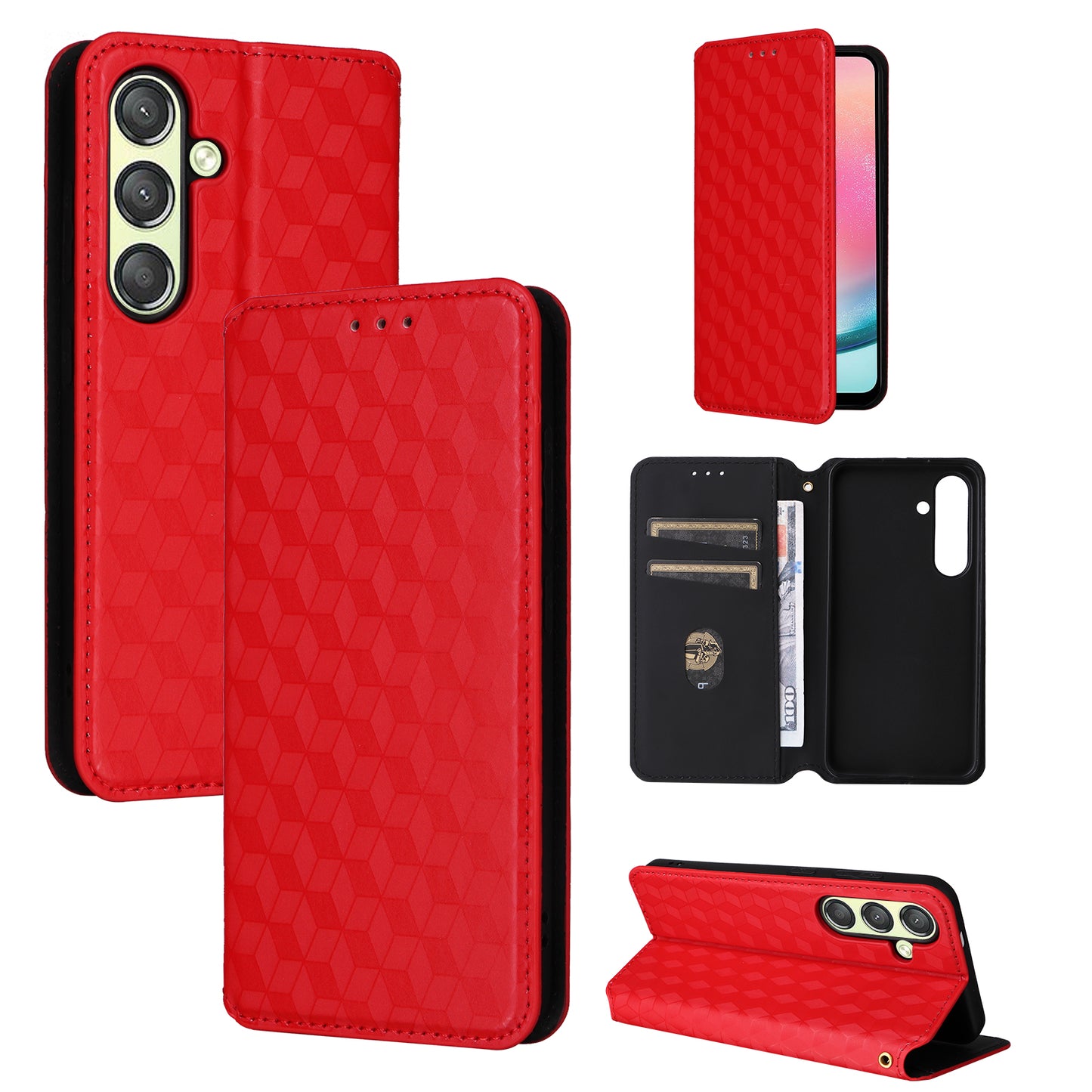 For Samsung Galaxy S24+ Case Rhombus Pattern Automatic Closing Phone Cover - Red