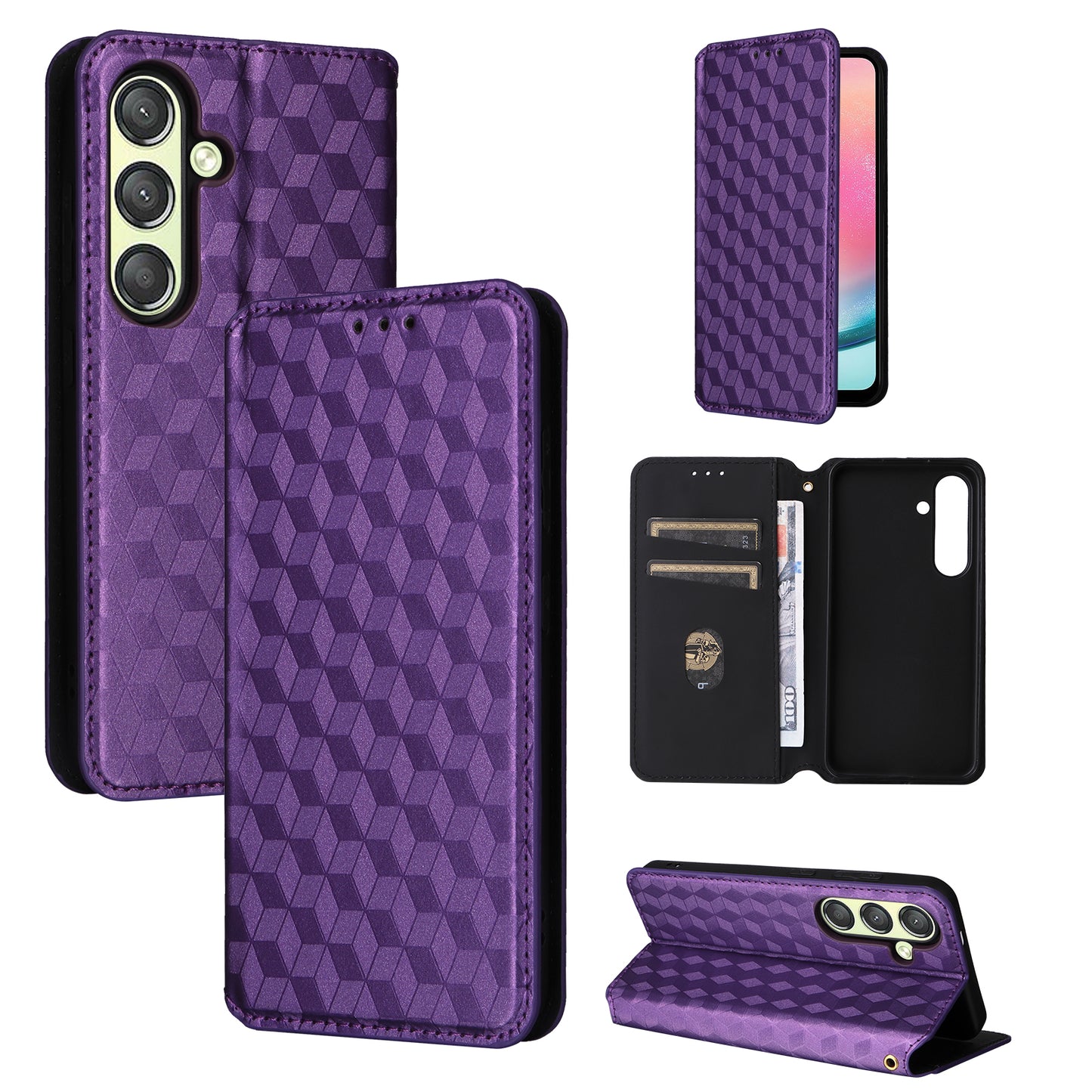 For Samsung Galaxy S24+ Case Rhombus Pattern Automatic Closing Phone Cover - Purple