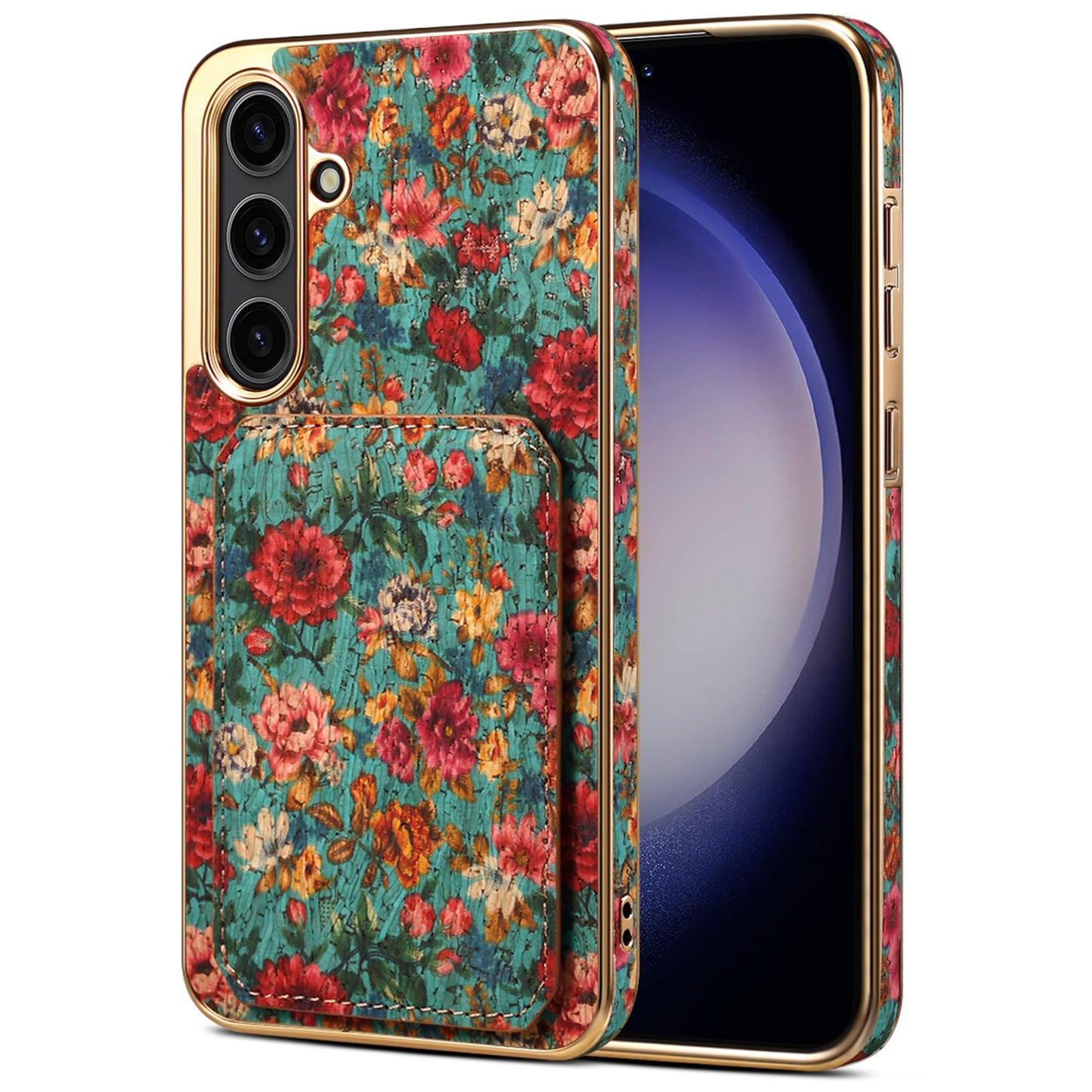 For Samsung Galaxy S24 Flower Phone Case Card Slots Kickstand Electroplated Cover - Blue