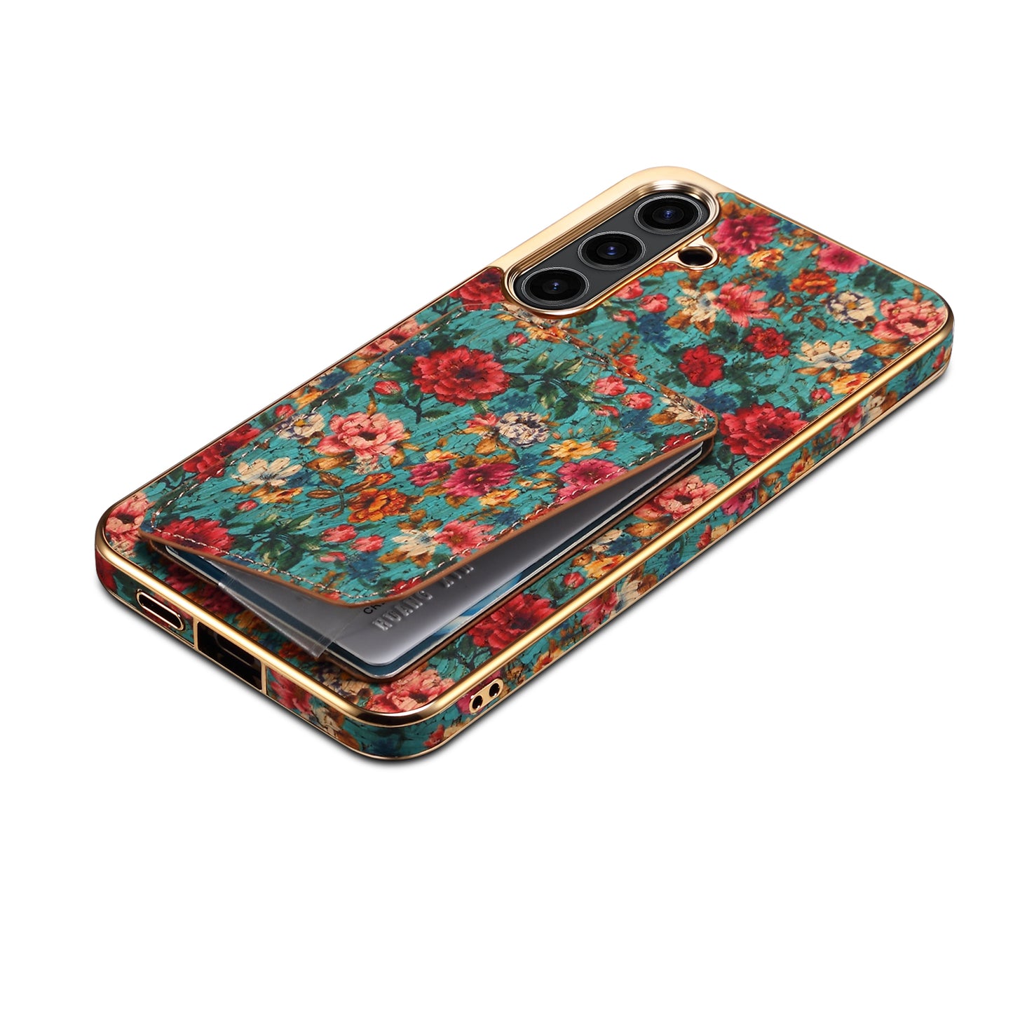For Samsung Galaxy S24 Flower Phone Case Card Slots Kickstand Electroplated Cover - Blue