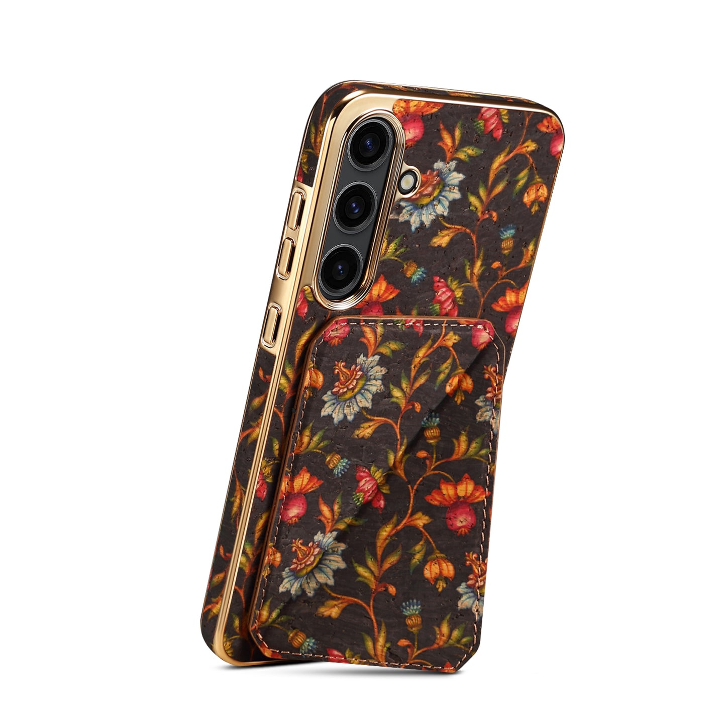 For Samsung Galaxy S24 Flower Phone Case Card Slots Kickstand Electroplated Cover - Black