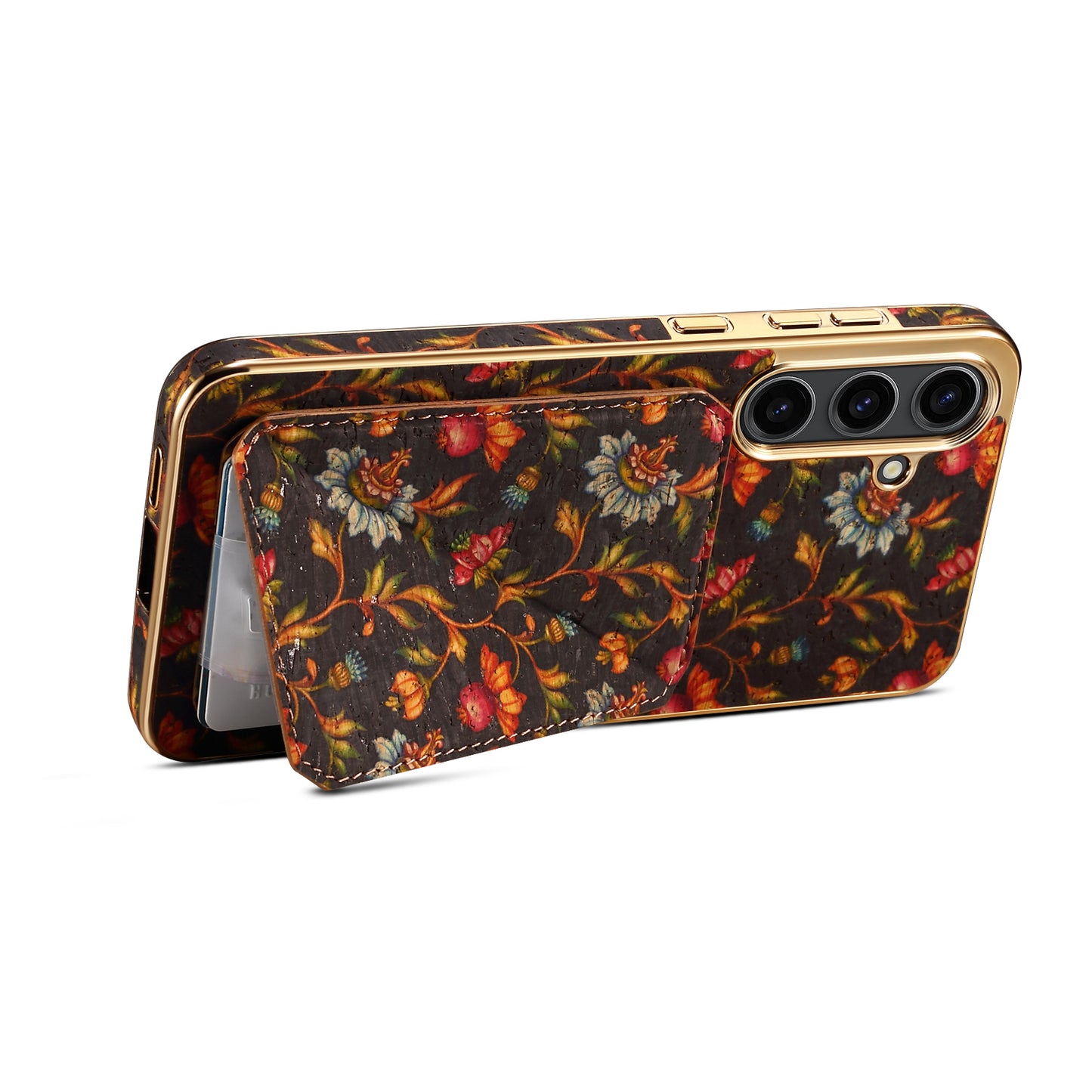 For Samsung Galaxy S24 Flower Phone Case Card Slots Kickstand Electroplated Cover - Black