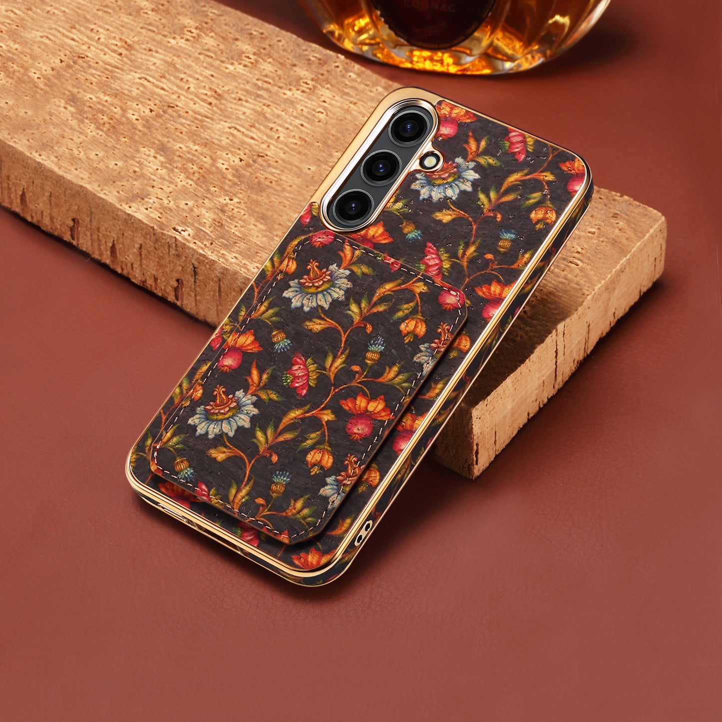 For Samsung Galaxy S24 Flower Phone Case Card Slots Kickstand Electroplated Cover - Black