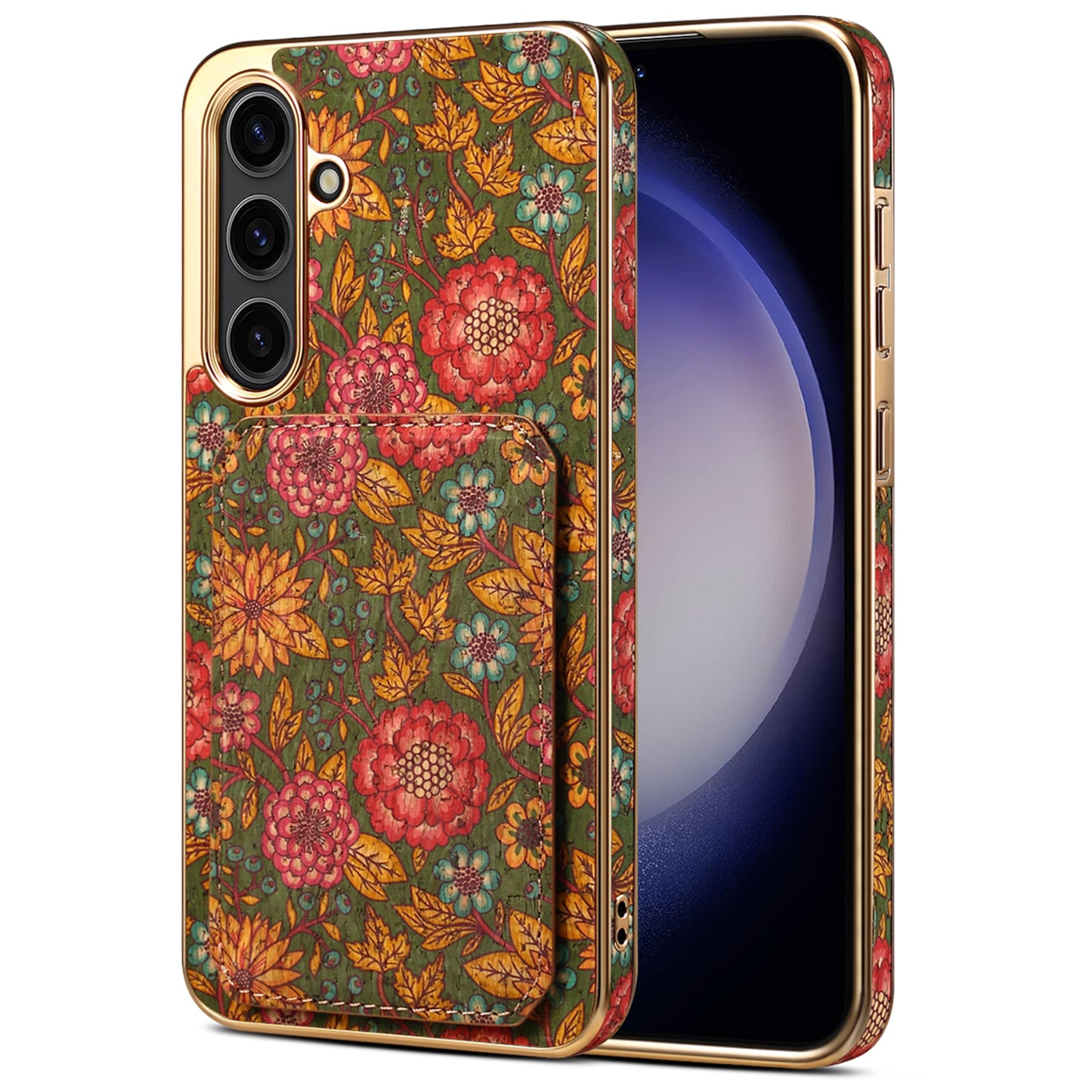 For Samsung Galaxy S24 Flower Phone Case Card Slots Kickstand Electroplated Cover - Green