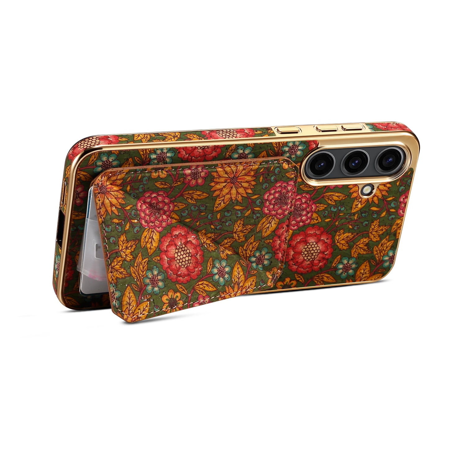 For Samsung Galaxy S24 Flower Phone Case Card Slots Kickstand Electroplated Cover - Green