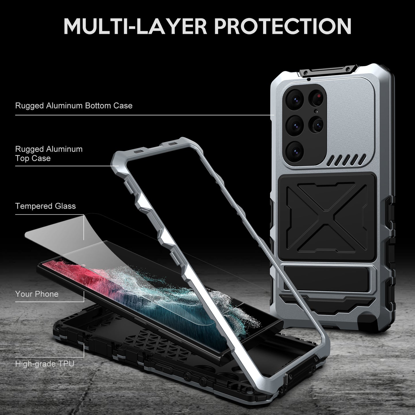 For Samsung Galaxy S24 Ultra Kickstand Phone Case Military Grade Shockproof Cover - Silver