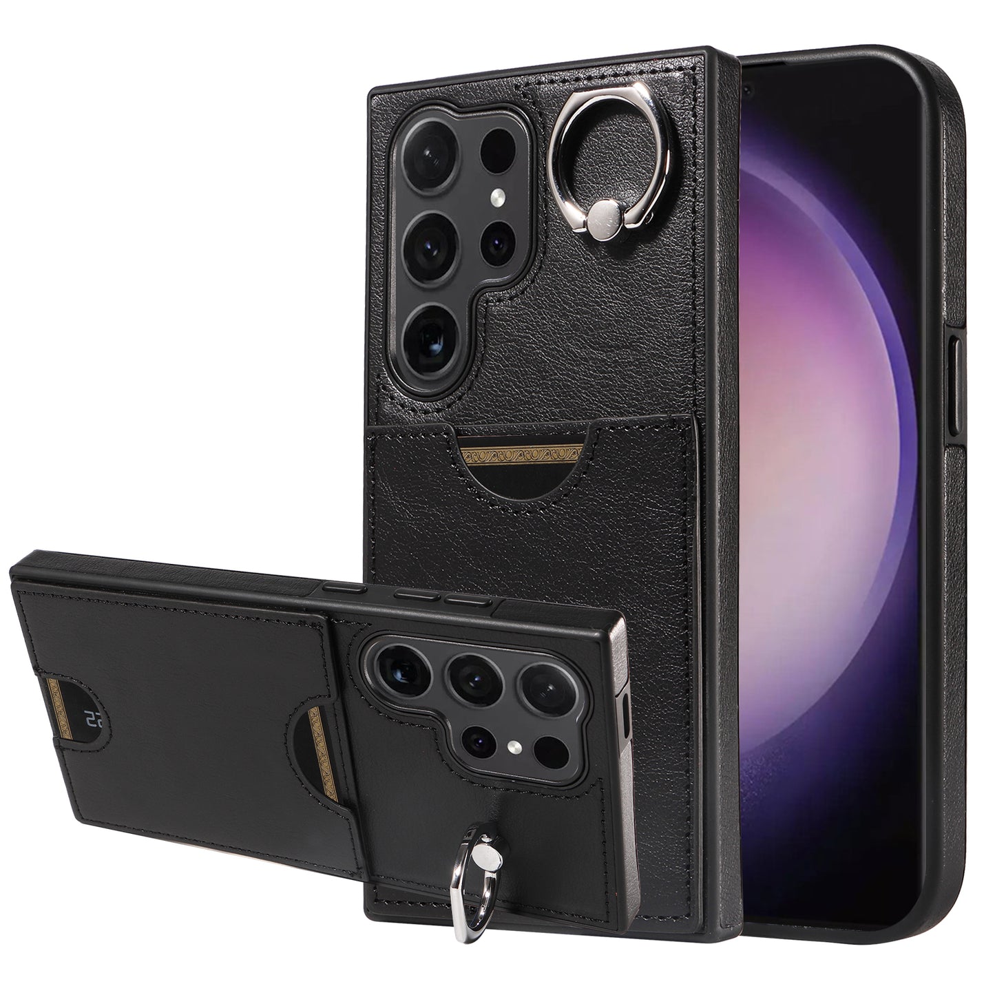 006 For Samsung Galaxy S24 Ultra Back Case with Card Holder PU TPU Kickstand Phone Cover - Black