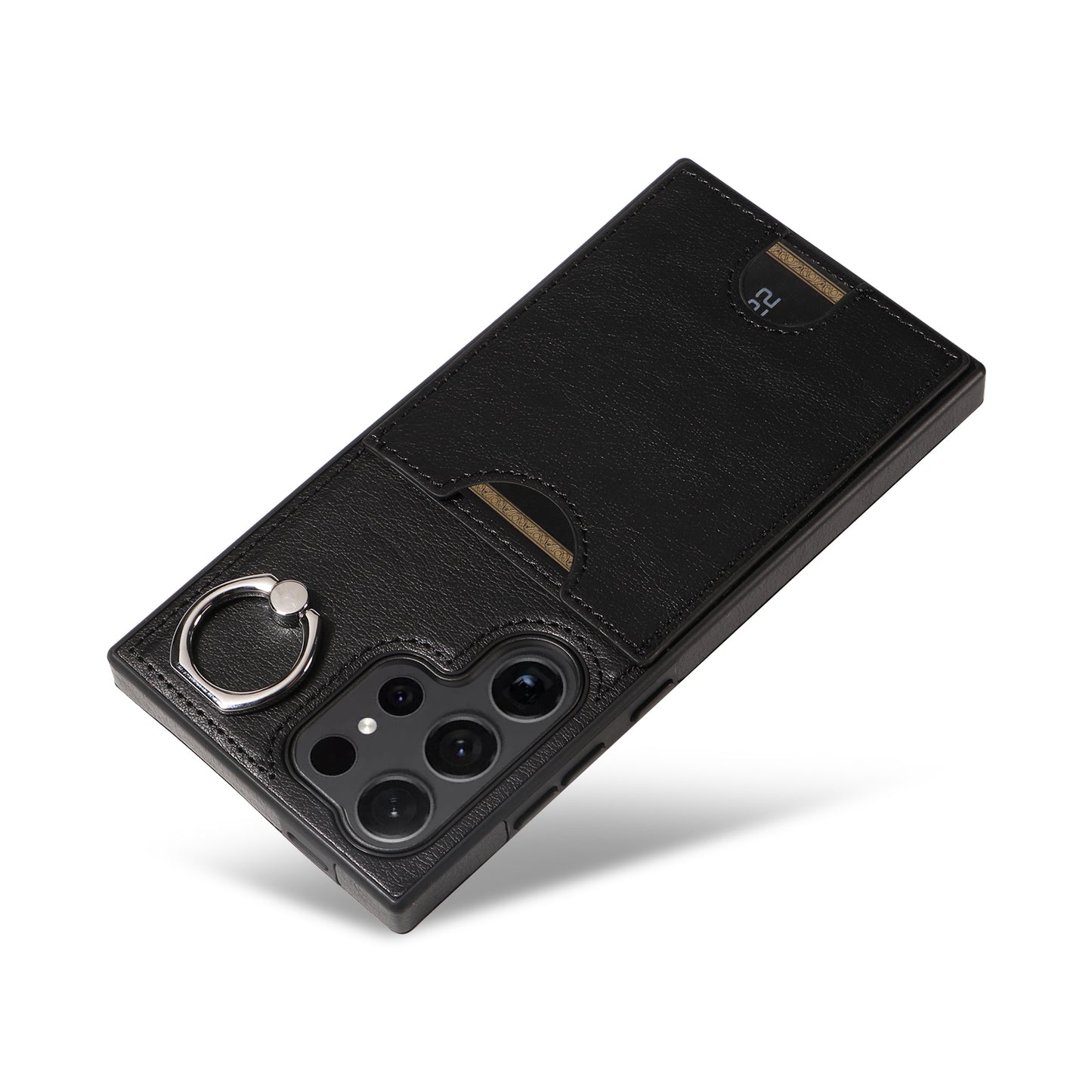 006 For Samsung Galaxy S24 Ultra Back Case with Card Holder PU TPU Kickstand Phone Cover - Black