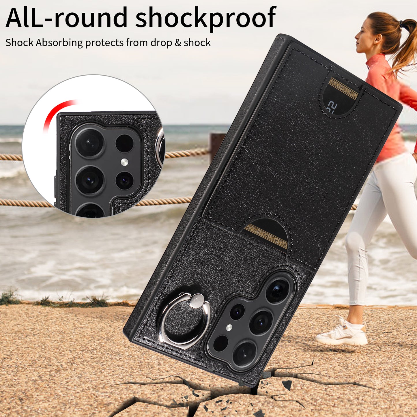 006 For Samsung Galaxy S24 Ultra Back Case with Card Holder PU TPU Kickstand Phone Cover - Black