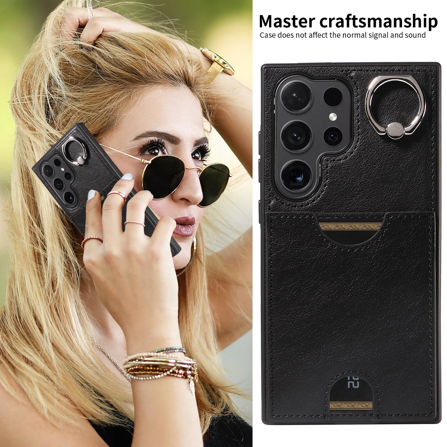 006 For Samsung Galaxy S24 Ultra Back Case with Card Holder PU TPU Kickstand Phone Cover - Black