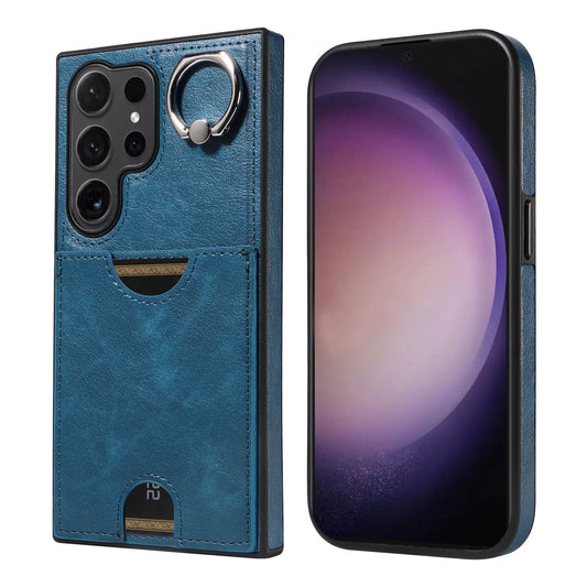 006 For Samsung Galaxy S24 Ultra Back Case with Card Holder PU TPU Kickstand Phone Cover - Blue