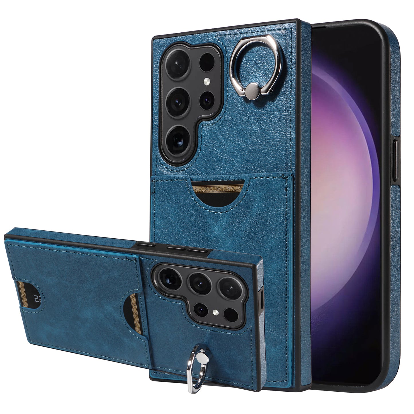 006 For Samsung Galaxy S24 Ultra Back Case with Card Holder PU TPU Kickstand Phone Cover - Blue
