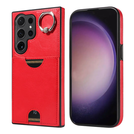 006 For Samsung Galaxy S24 Ultra Back Case with Card Holder PU TPU Kickstand Phone Cover - Red