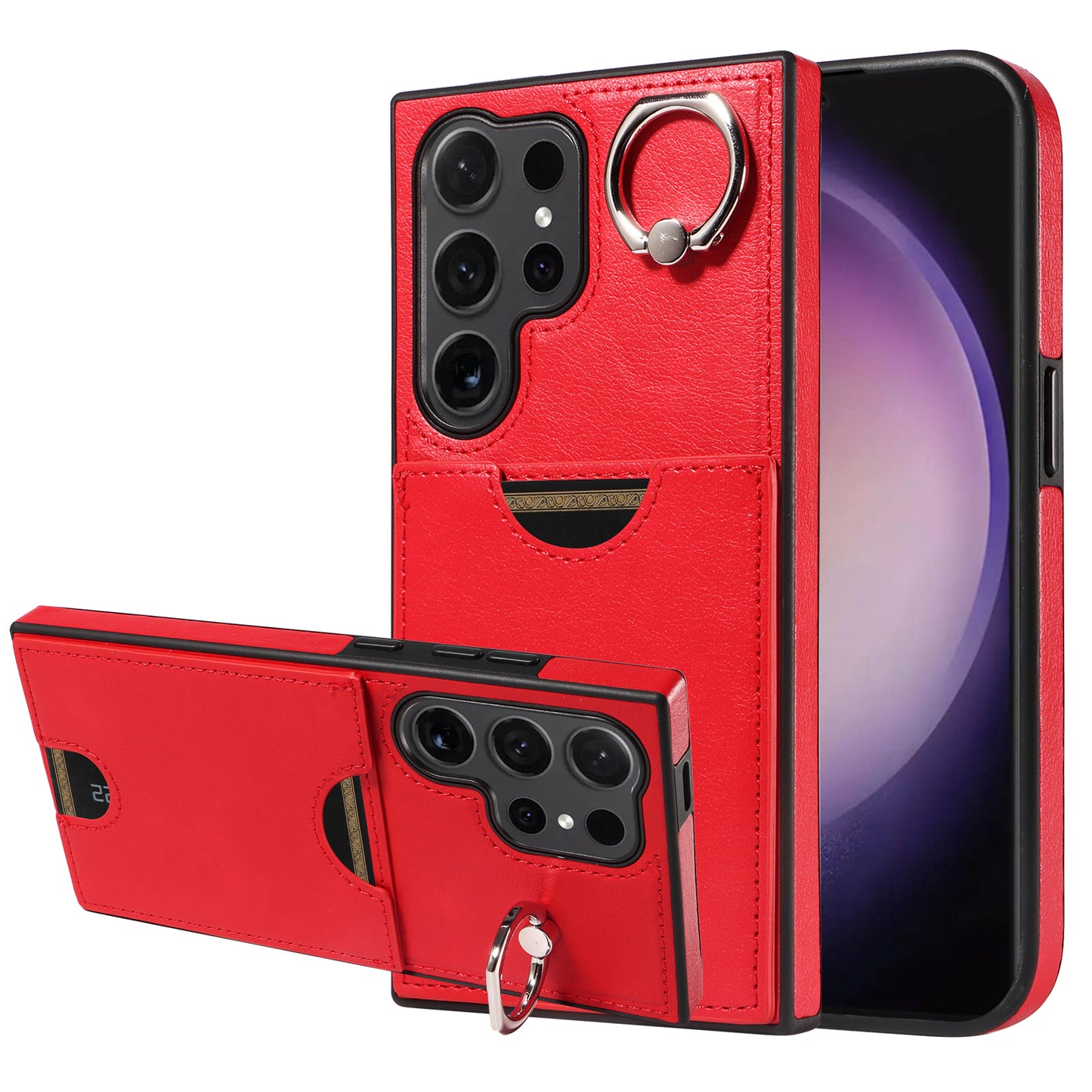 006 For Samsung Galaxy S24 Ultra Back Case with Card Holder PU TPU Kickstand Phone Cover - Red