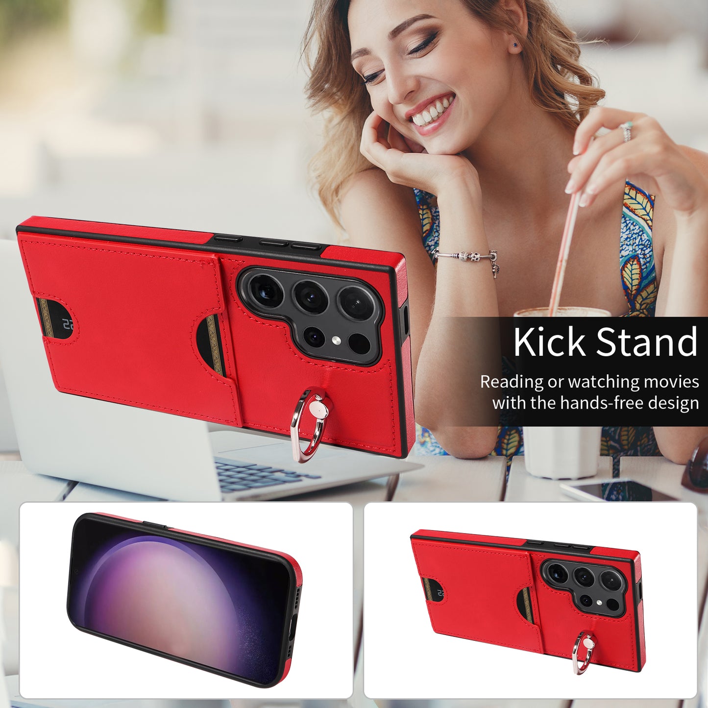 006 For Samsung Galaxy S24 Ultra Back Case with Card Holder PU TPU Kickstand Phone Cover - Red