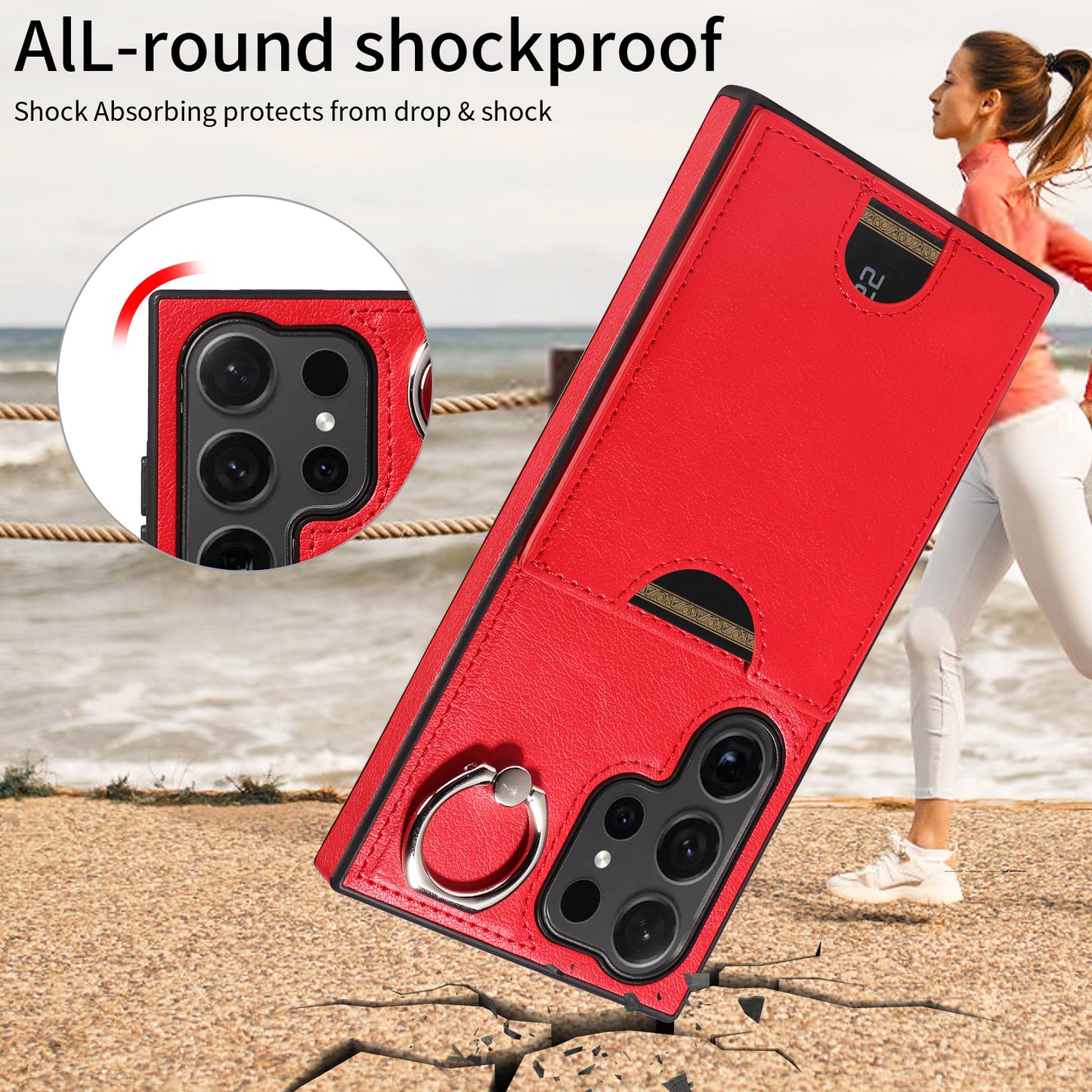 006 For Samsung Galaxy S24 Ultra Back Case with Card Holder PU TPU Kickstand Phone Cover - Red
