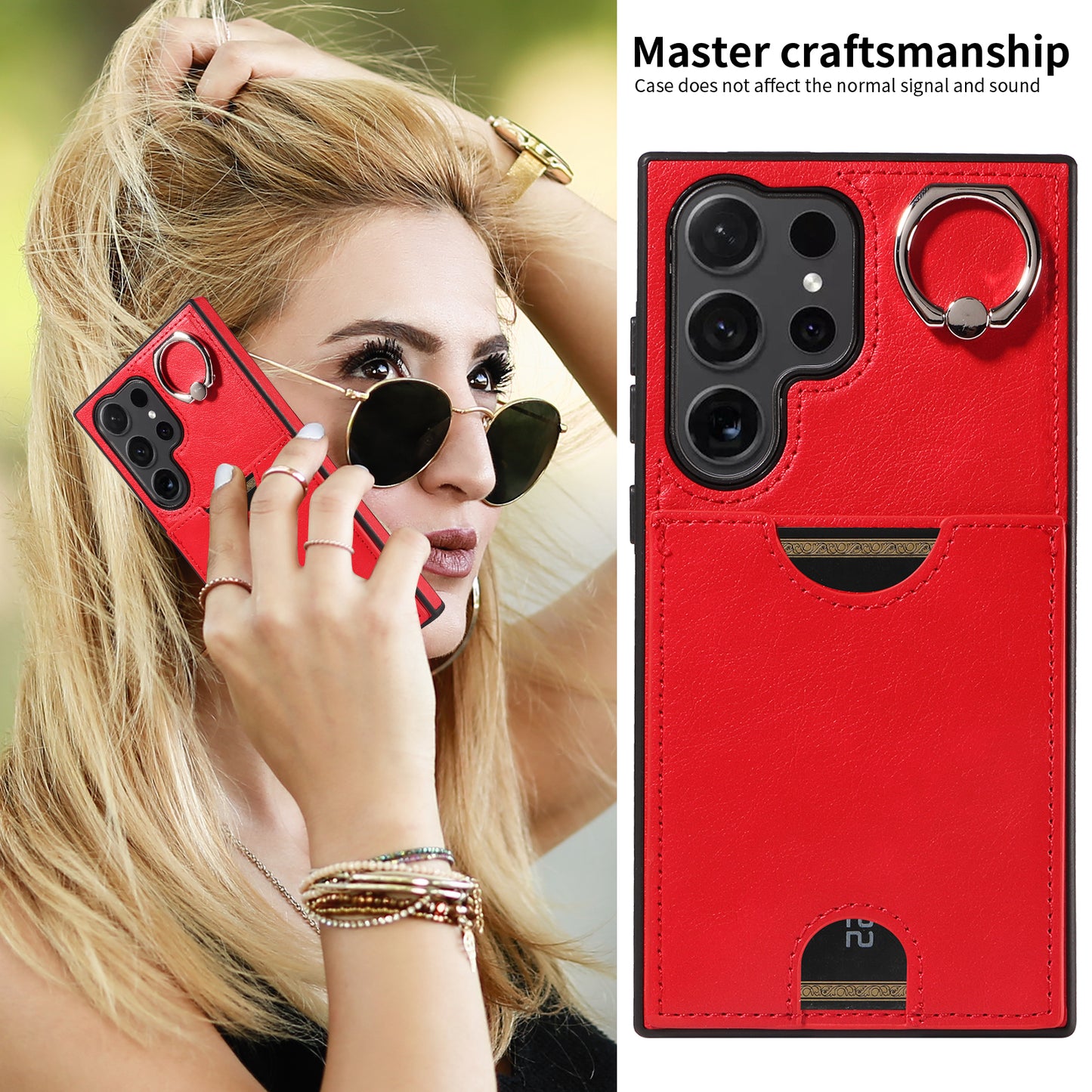 006 For Samsung Galaxy S24 Ultra Back Case with Card Holder PU TPU Kickstand Phone Cover - Red