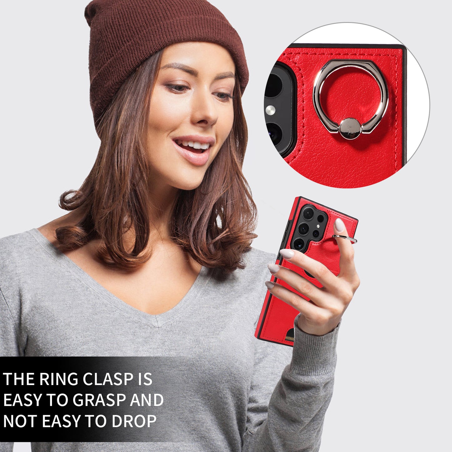 006 For Samsung Galaxy S24 Ultra Back Case with Card Holder PU TPU Kickstand Phone Cover - Red