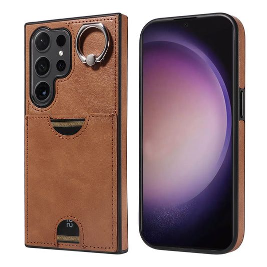 006 For Samsung Galaxy S24 Ultra Back Case with Card Holder PU TPU Kickstand Phone Cover - Brown