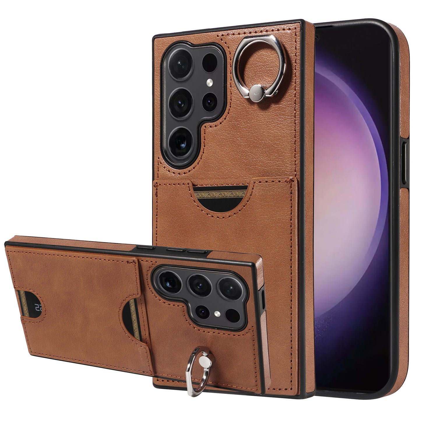 006 For Samsung Galaxy S24 Ultra Back Case with Card Holder PU TPU Kickstand Phone Cover - Brown