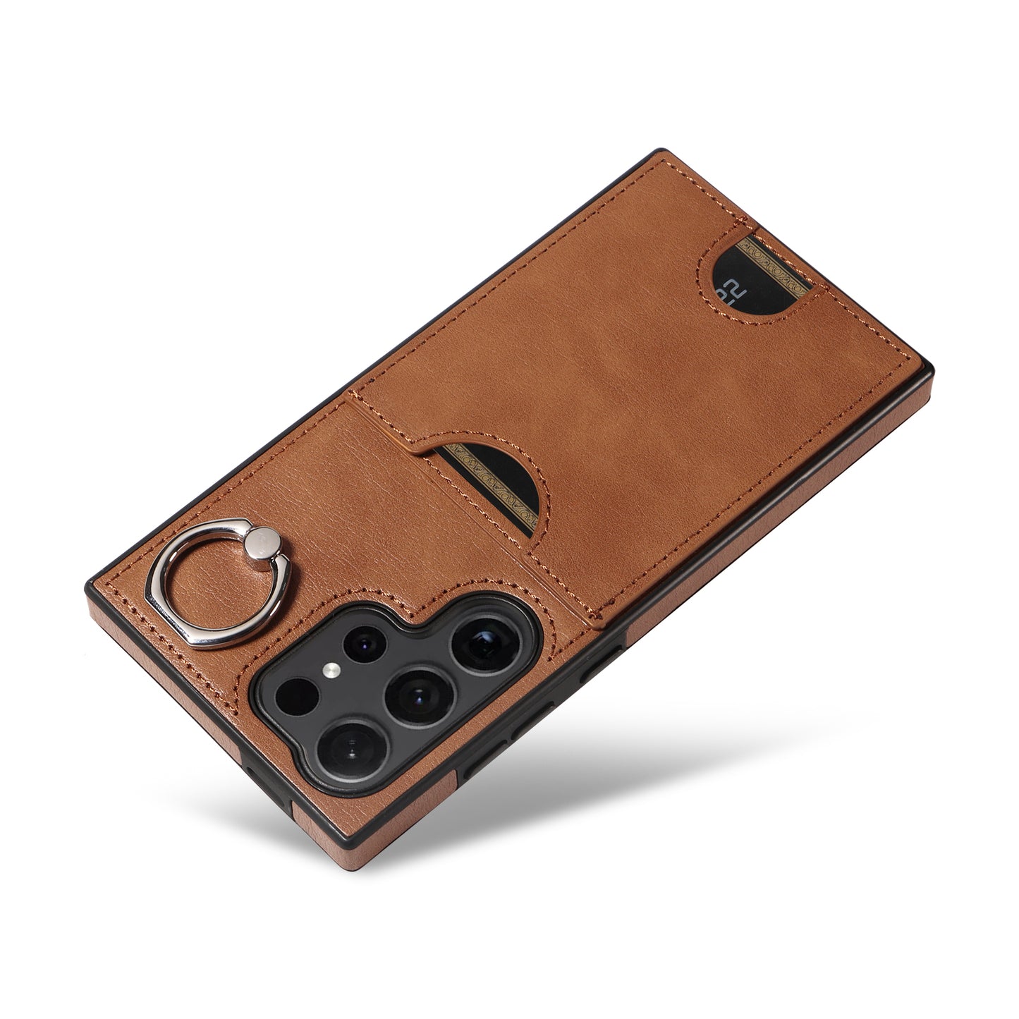 006 For Samsung Galaxy S24 Ultra Back Case with Card Holder PU TPU Kickstand Phone Cover - Brown