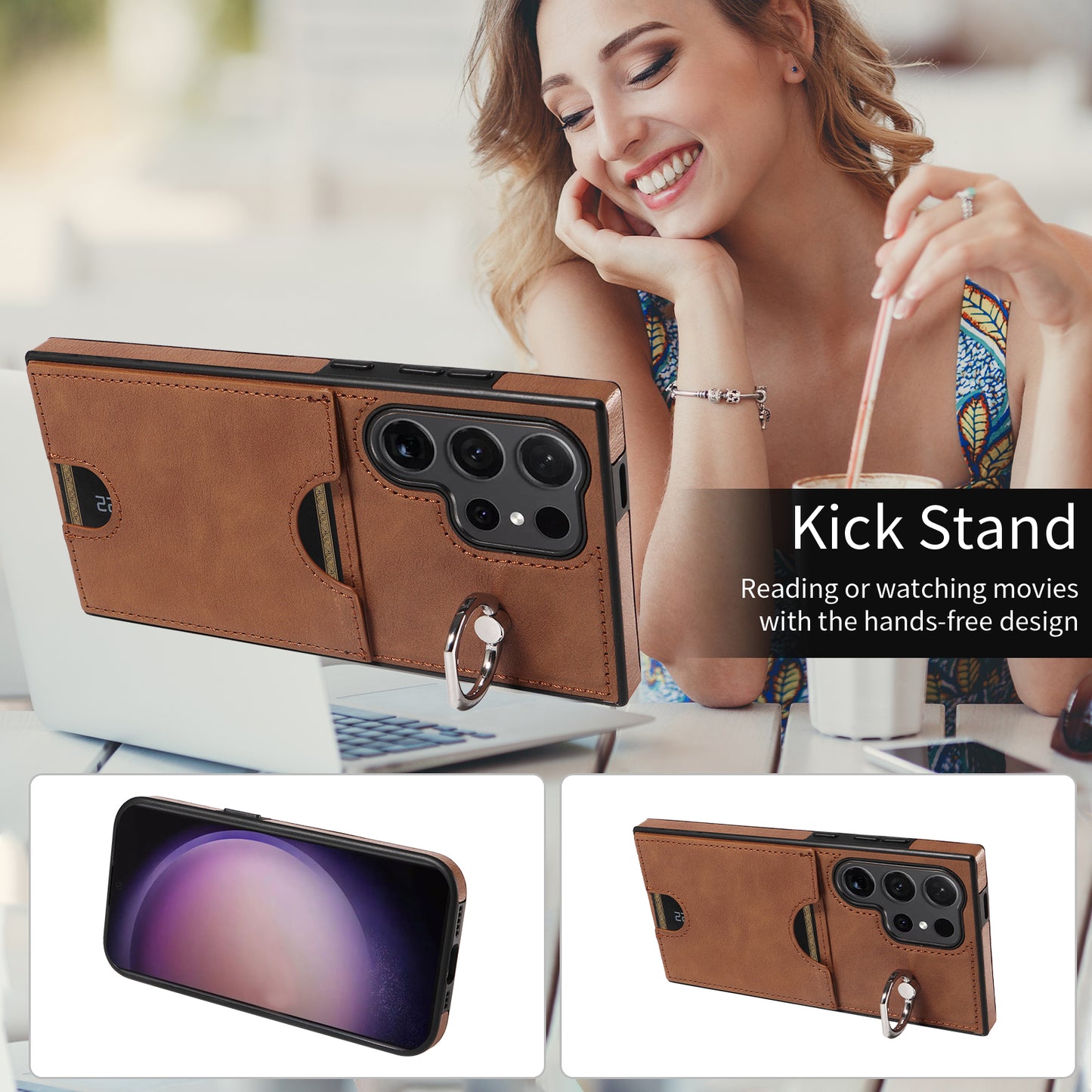 006 For Samsung Galaxy S24 Ultra Back Case with Card Holder PU TPU Kickstand Phone Cover - Brown