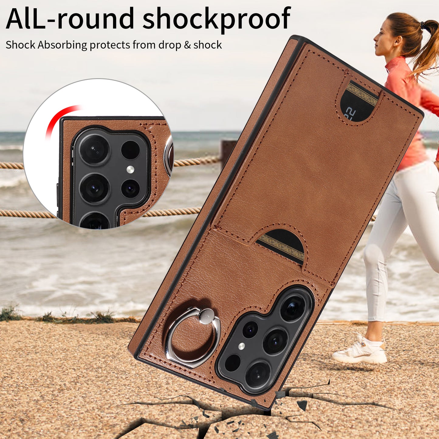 006 For Samsung Galaxy S24 Ultra Back Case with Card Holder PU TPU Kickstand Phone Cover - Brown