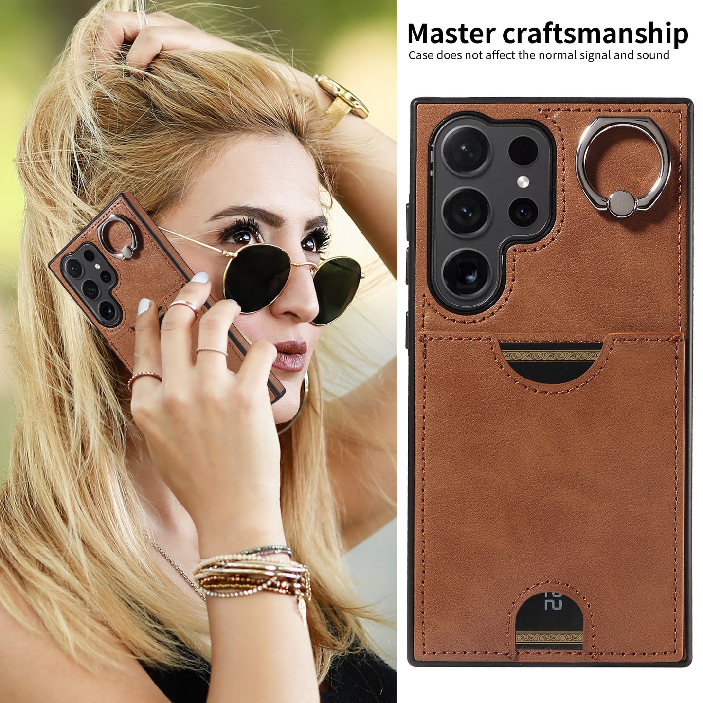 006 For Samsung Galaxy S24 Ultra Back Case with Card Holder PU TPU Kickstand Phone Cover - Brown