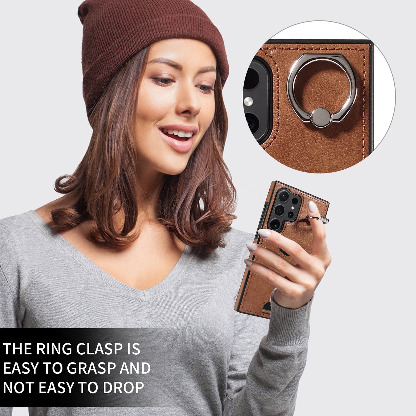 006 For Samsung Galaxy S24 Ultra Back Case with Card Holder PU TPU Kickstand Phone Cover - Brown