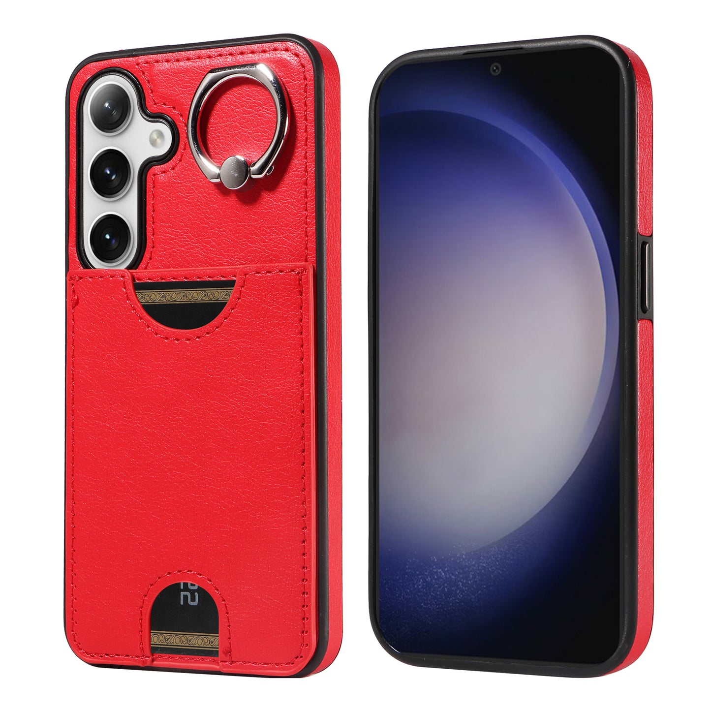 006 For Samsung Galaxy S24 Case with Card Slot Calf Texture Phone Cover Ring Holder - Red
