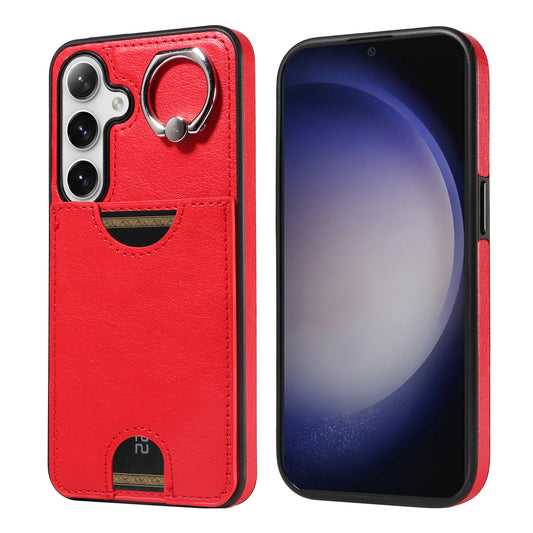 006 For Samsung Galaxy S24 Case with Card Slot Calf Texture Phone Cover Ring Holder - Red