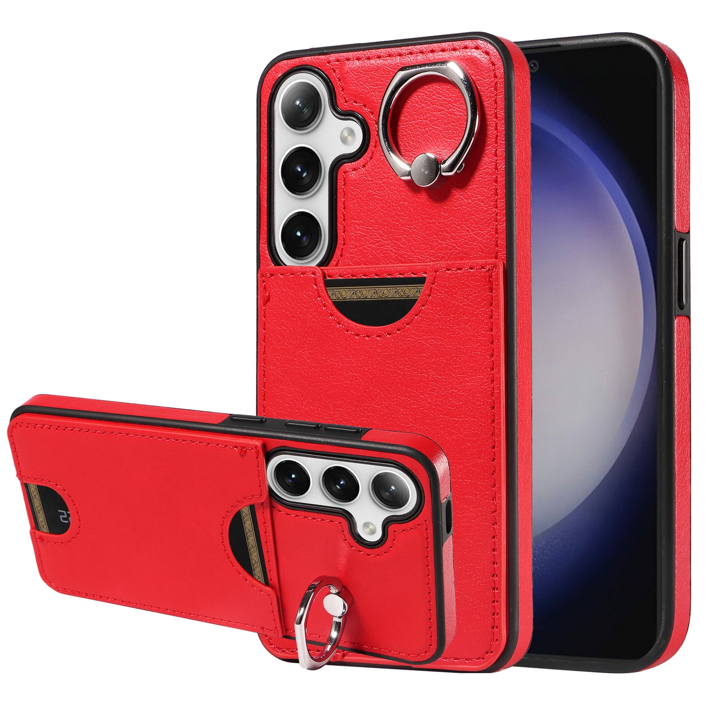 006 For Samsung Galaxy S24 Case with Card Slot Calf Texture Phone Cover Ring Holder - Red