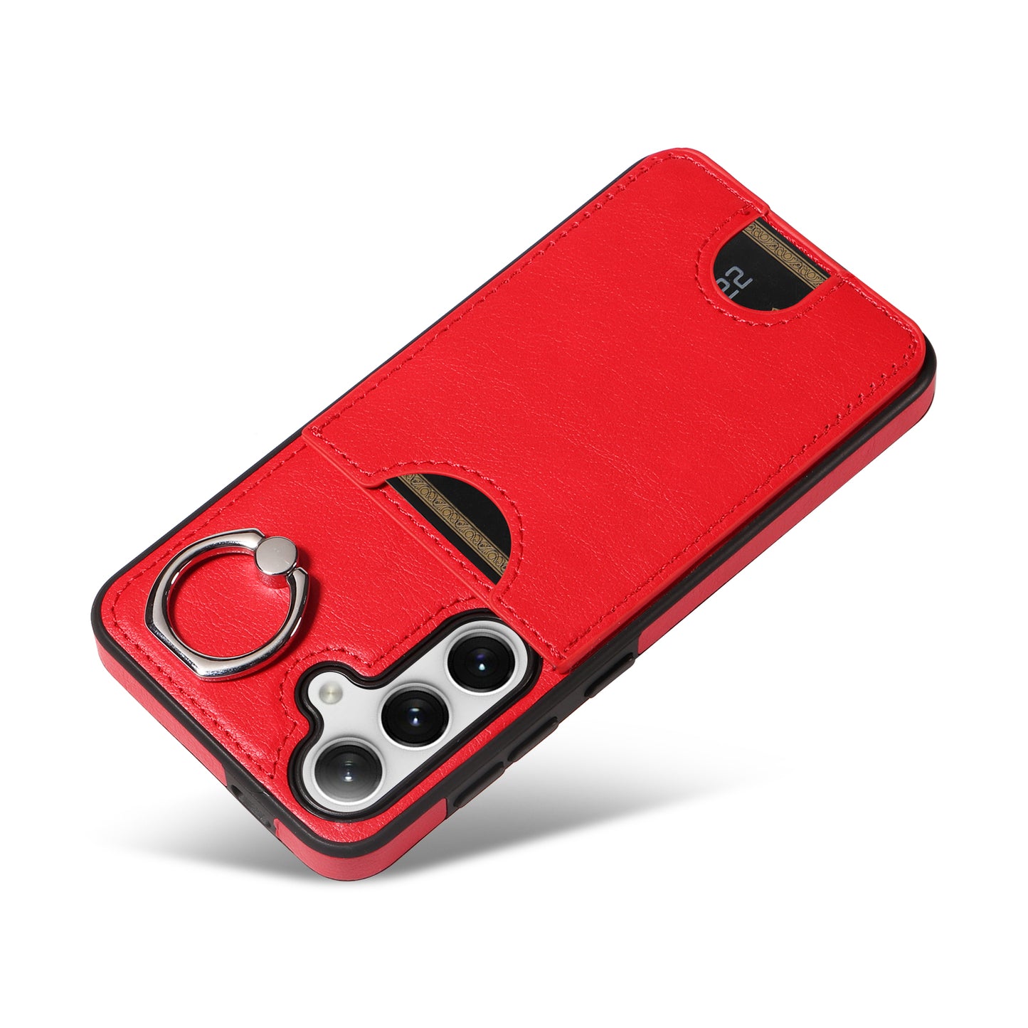006 For Samsung Galaxy S24 Case with Card Slot Calf Texture Phone Cover Ring Holder - Red
