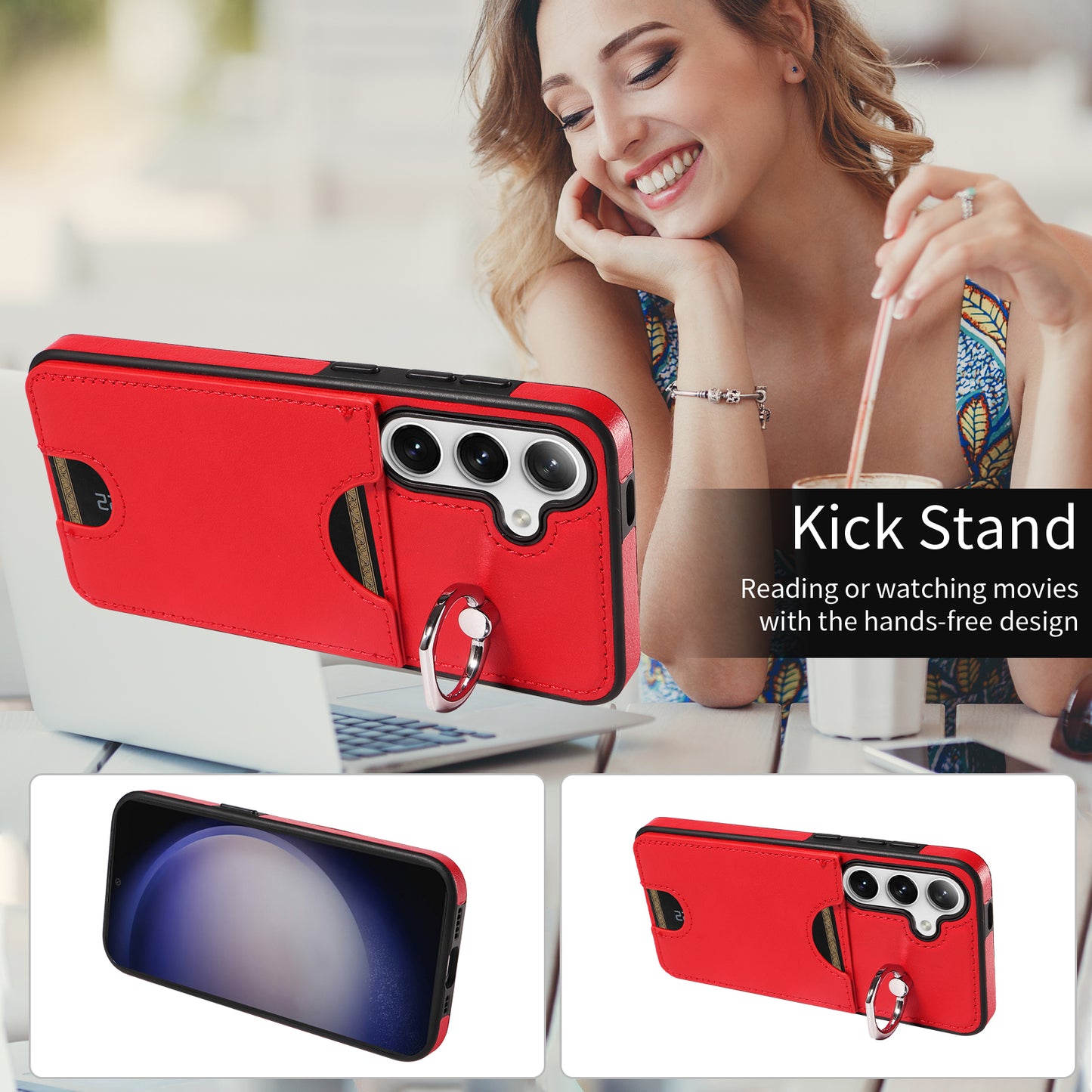 006 For Samsung Galaxy S24 Case with Card Slot Calf Texture Phone Cover Ring Holder - Red