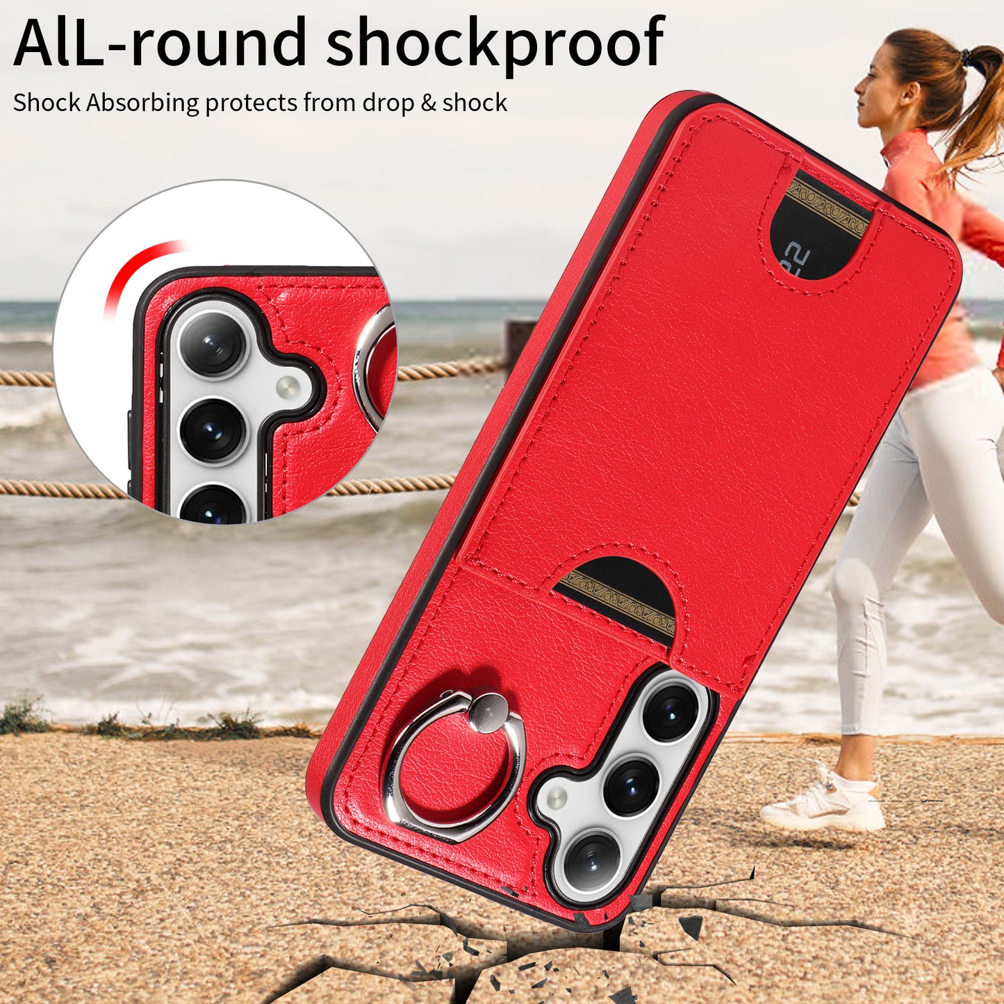 006 For Samsung Galaxy S24 Case with Card Slot Calf Texture Phone Cover Ring Holder - Red