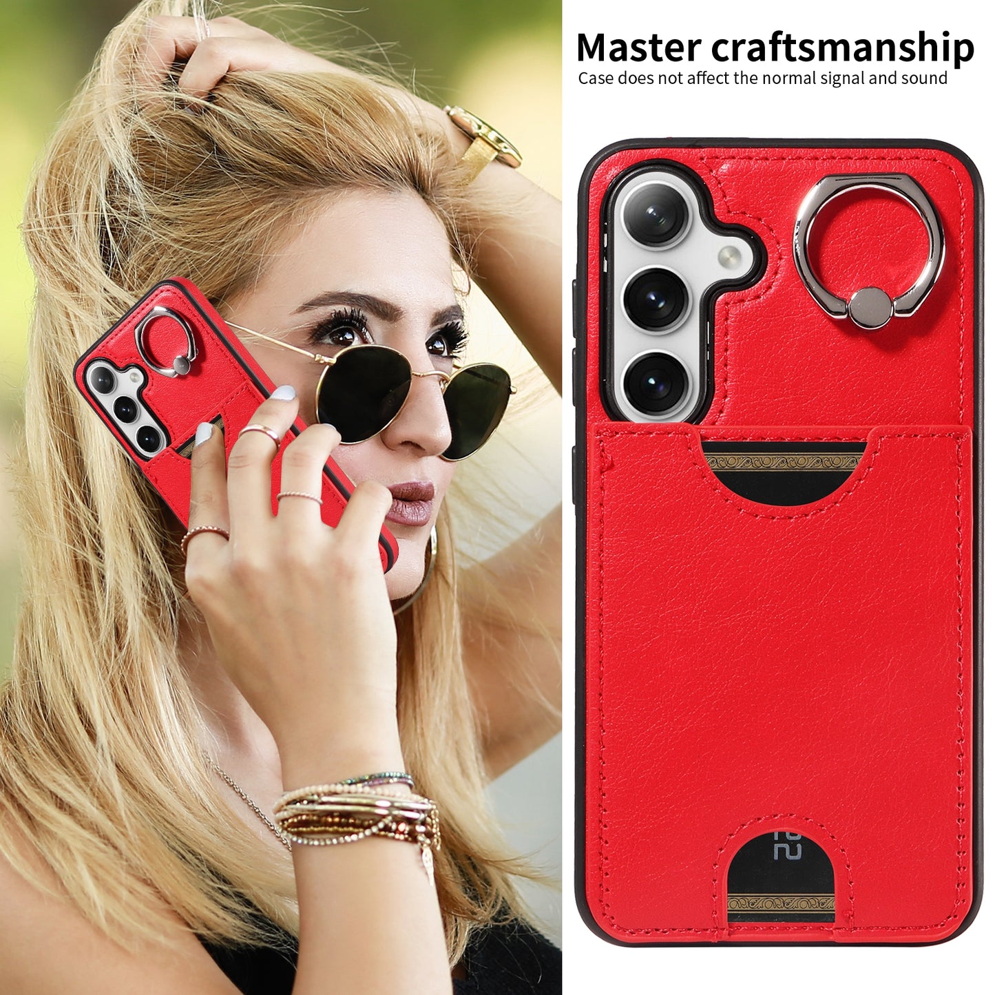 006 For Samsung Galaxy S24 Case with Card Slot Calf Texture Phone Cover Ring Holder - Red