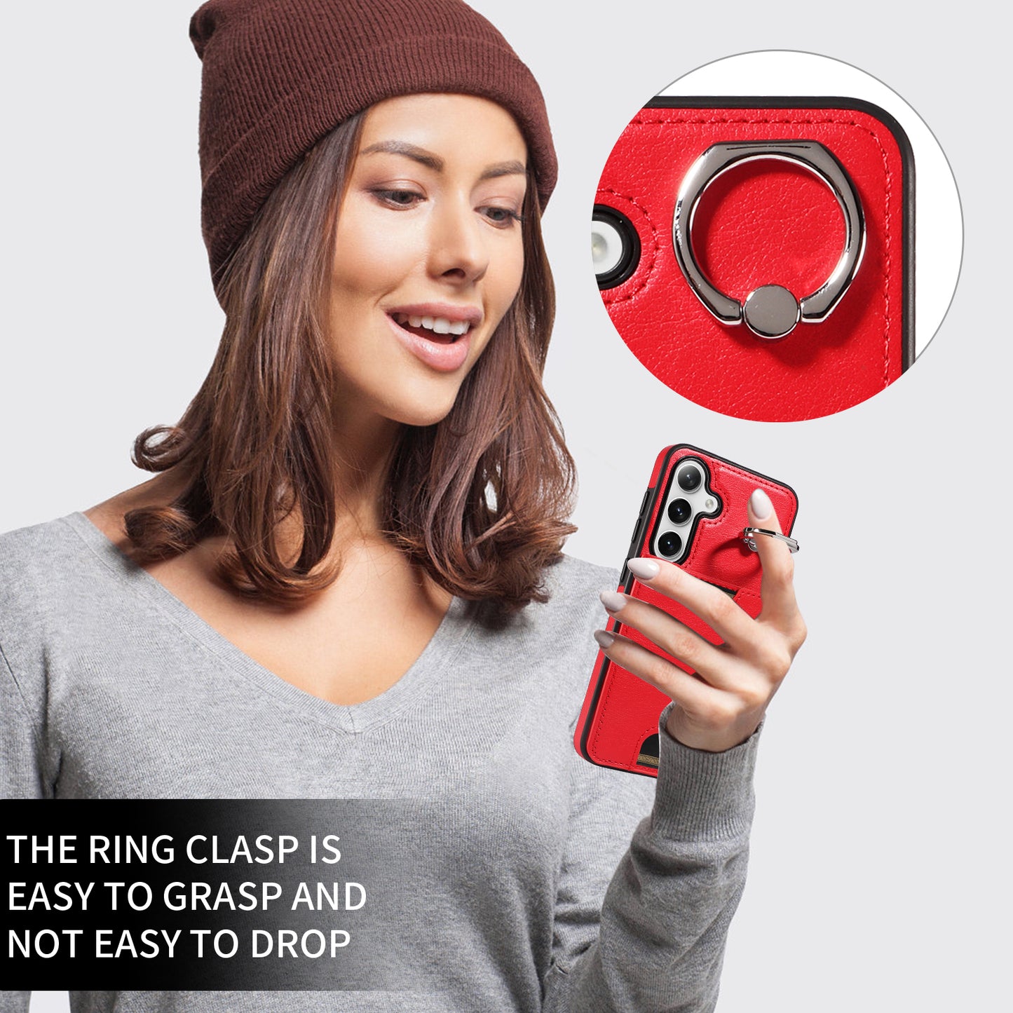 006 For Samsung Galaxy S24 Case with Card Slot Calf Texture Phone Cover Ring Holder - Red