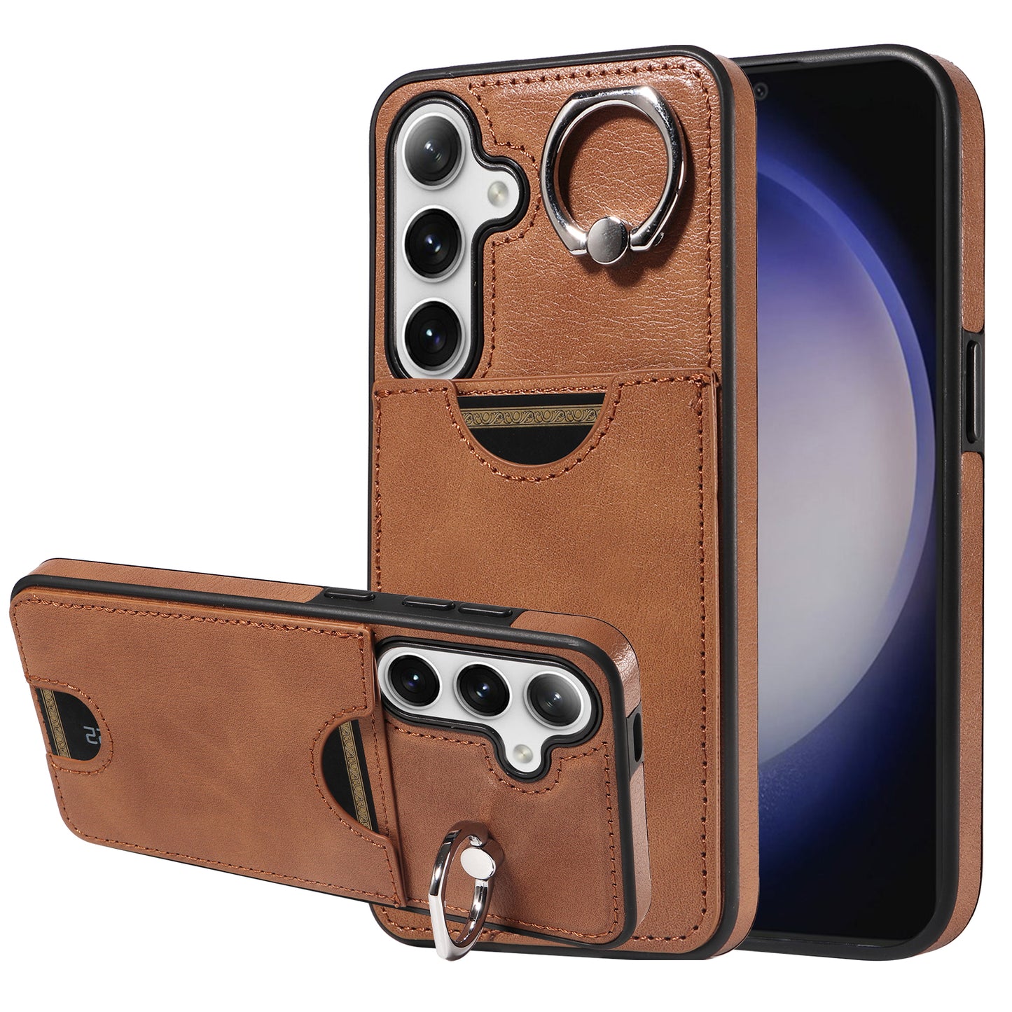 006 For Samsung Galaxy S24 Case with Card Slot Calf Texture Phone Cover Ring Holder - Brown
