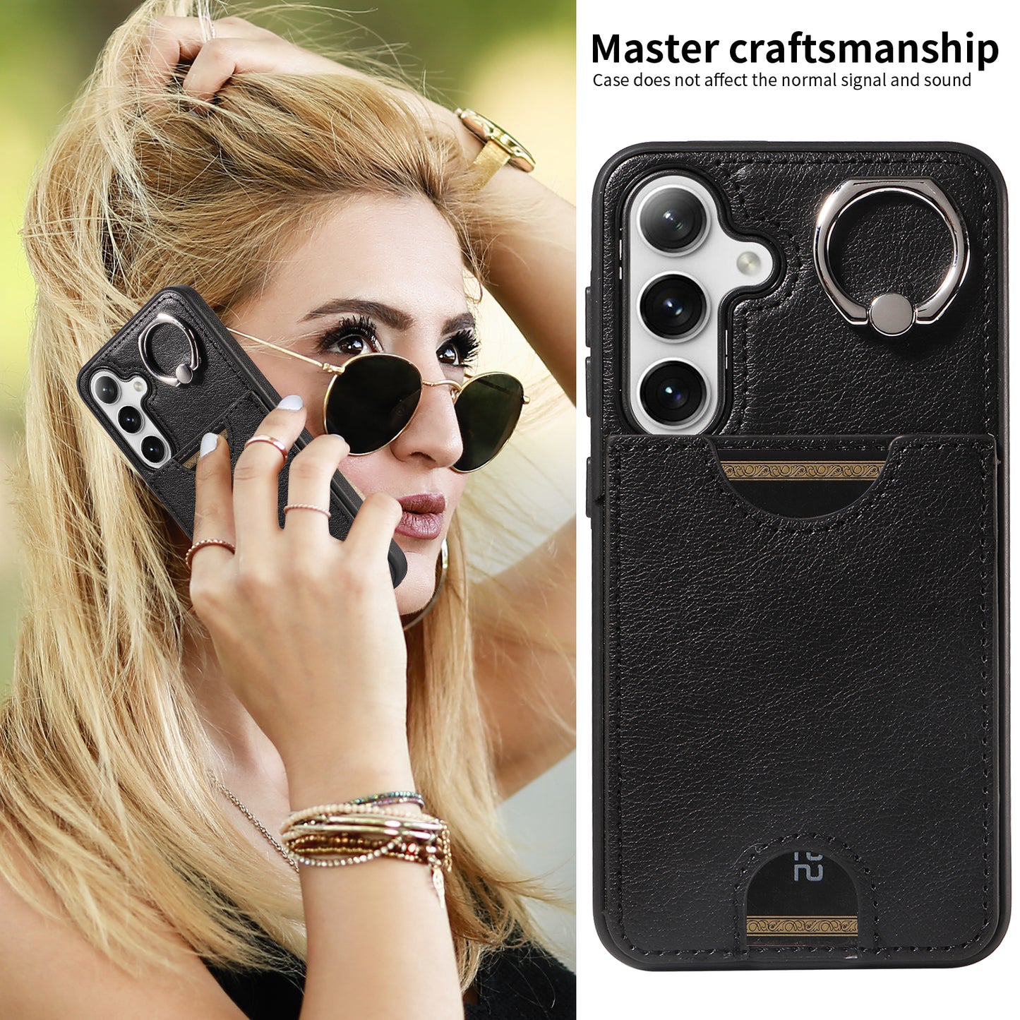 006 For Samsung Galaxy S24 Case with Card Slot Calf Texture Phone Cover Ring Holder - Black