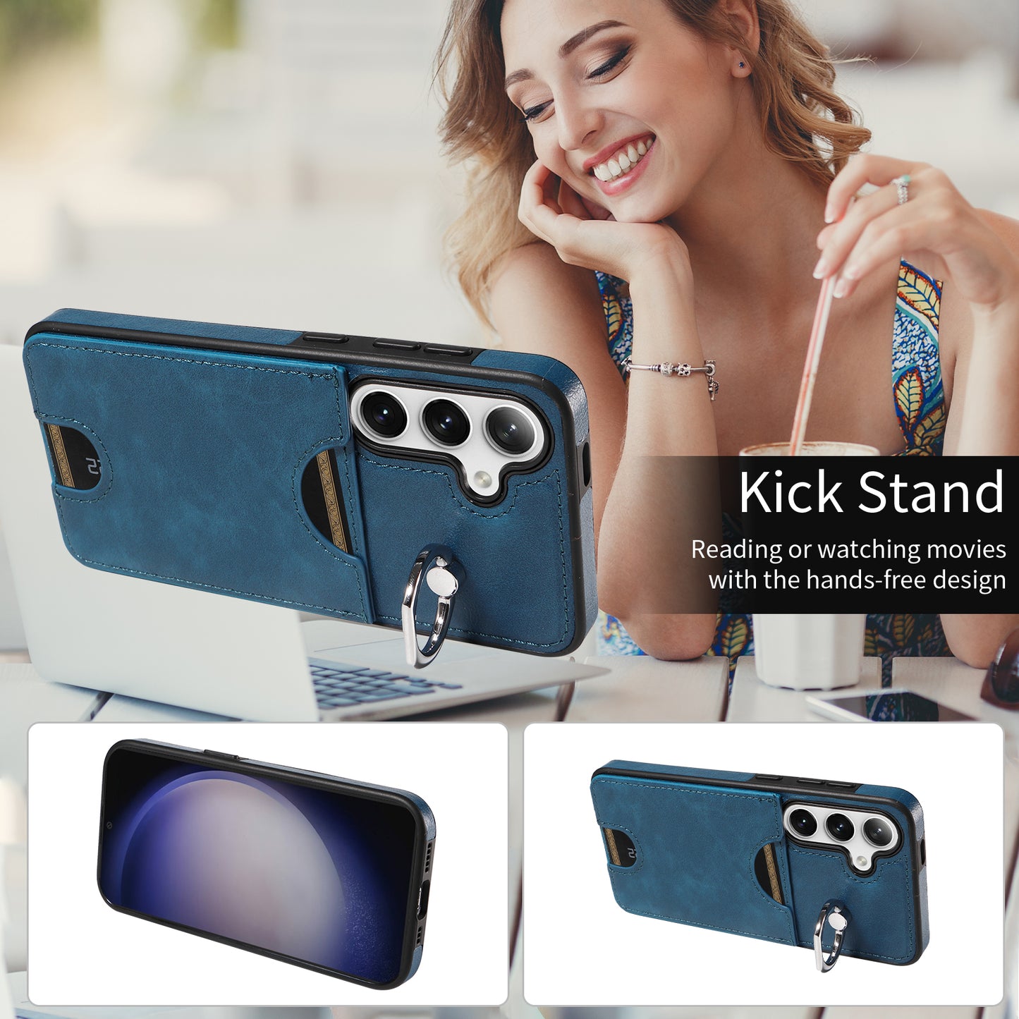 006 For Samsung Galaxy S24 Case with Card Slot Calf Texture Phone Cover Ring Holder - Blue