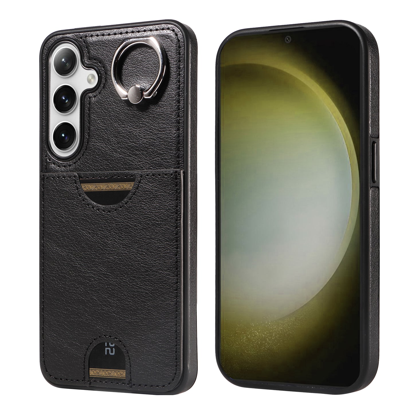 006 For Samsung Galaxy S24+ Case Card Bag PU TPU Back Cover with Ring Holder - Black