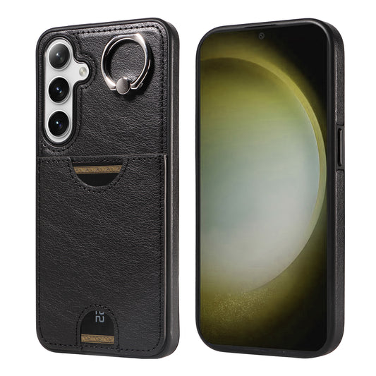 006 For Samsung Galaxy S24+ Case Card Bag PU TPU Back Cover with Ring Holder - Black