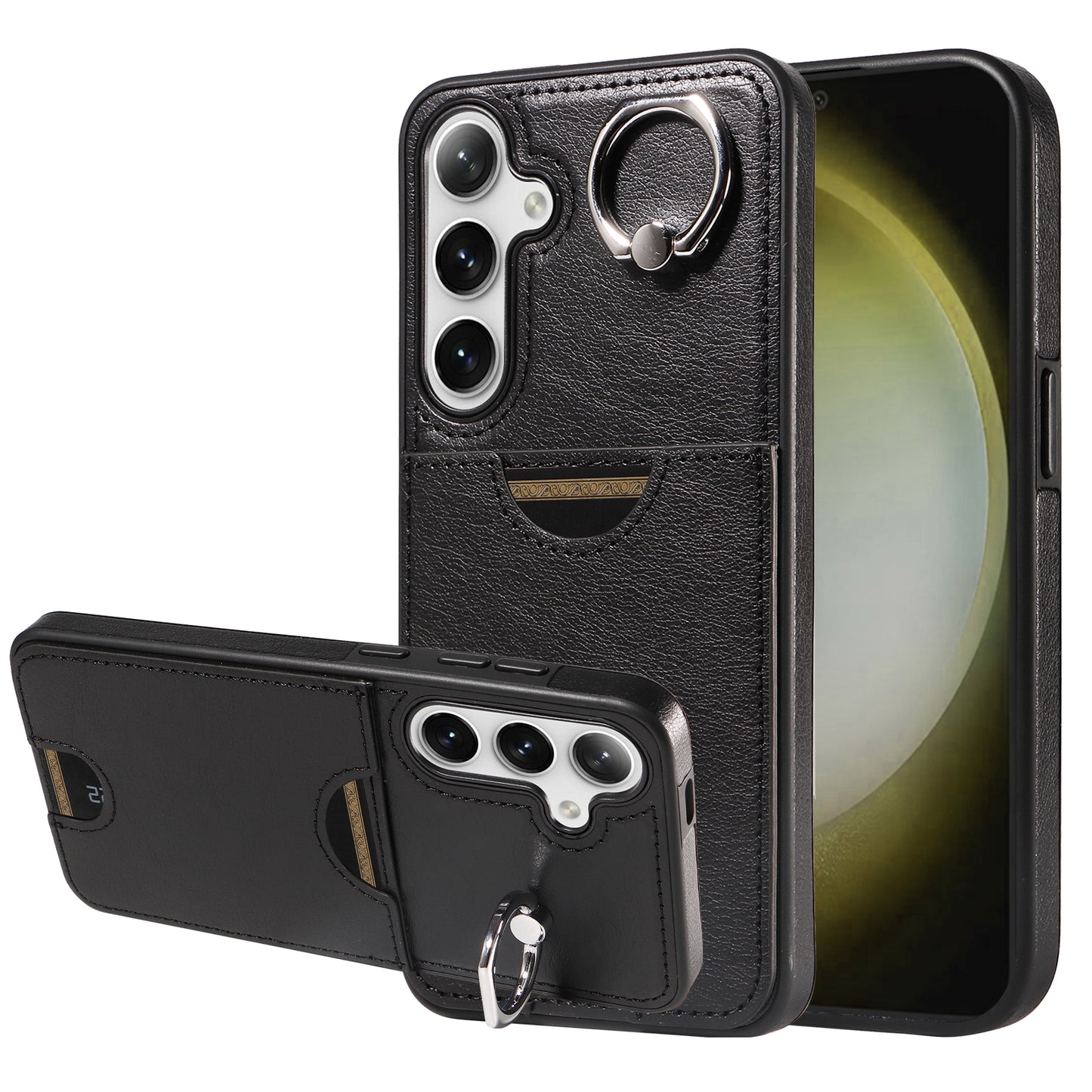006 For Samsung Galaxy S24+ Case Card Bag PU TPU Back Cover with Ring Holder - Black