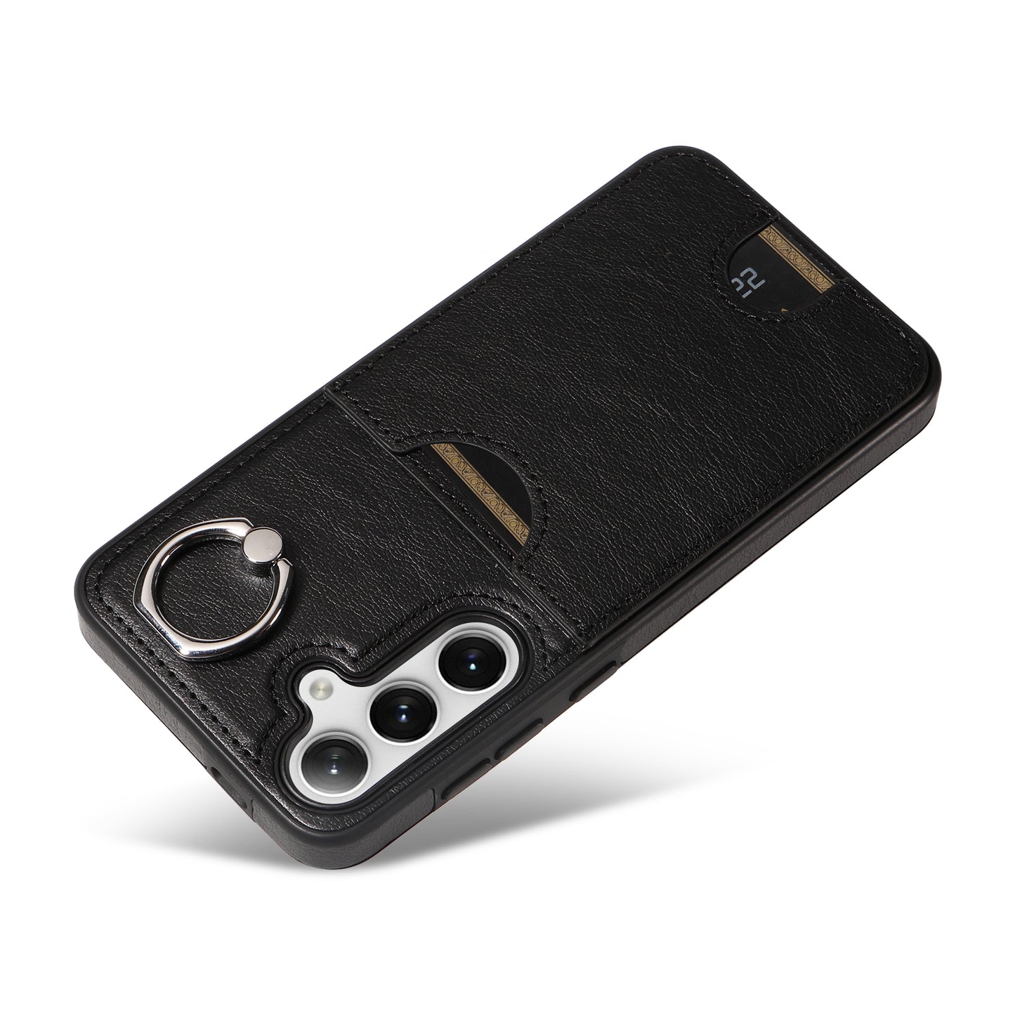 006 For Samsung Galaxy S24+ Case Card Bag PU TPU Back Cover with Ring Holder - Black