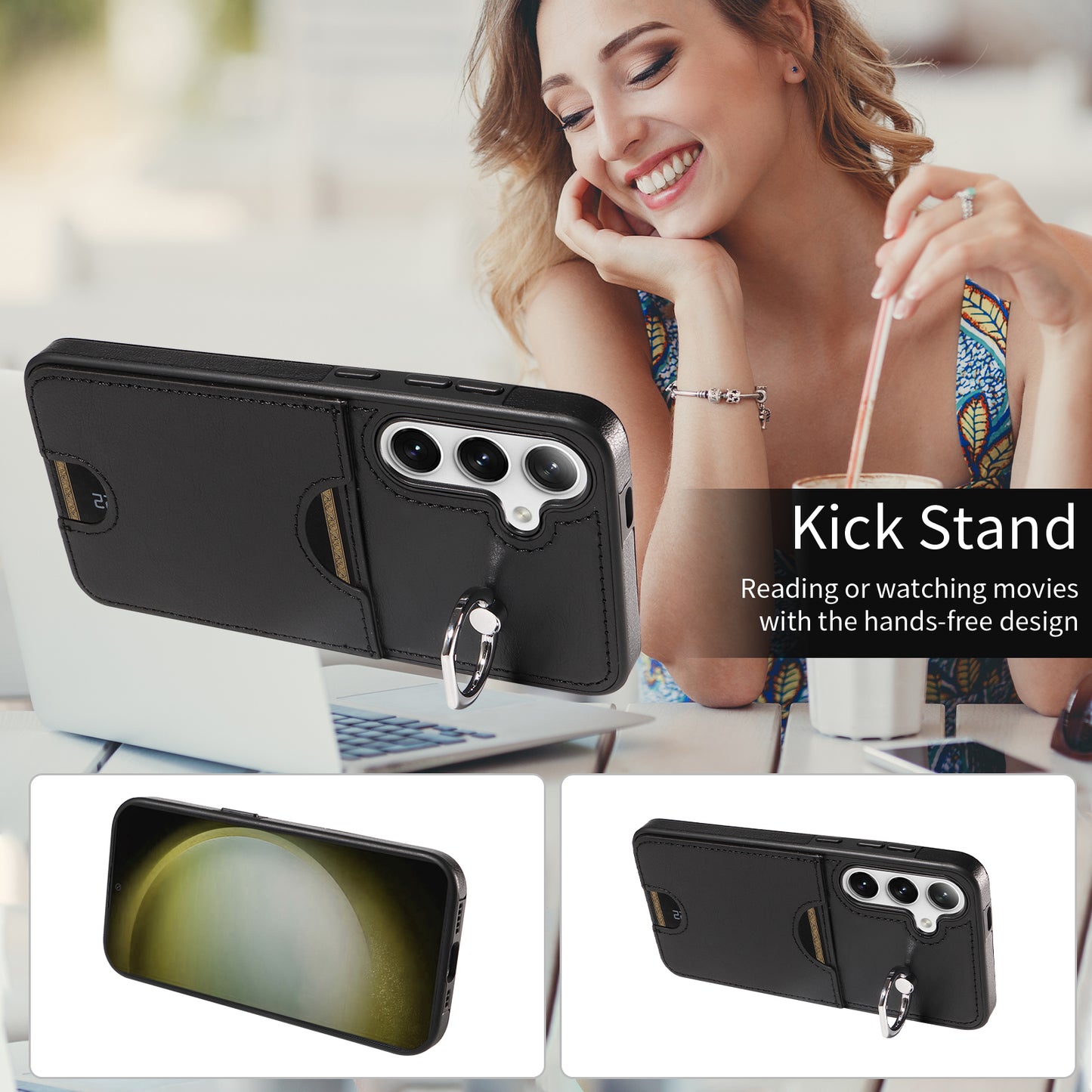 006 For Samsung Galaxy S24+ Case Card Bag PU TPU Back Cover with Ring Holder - Black