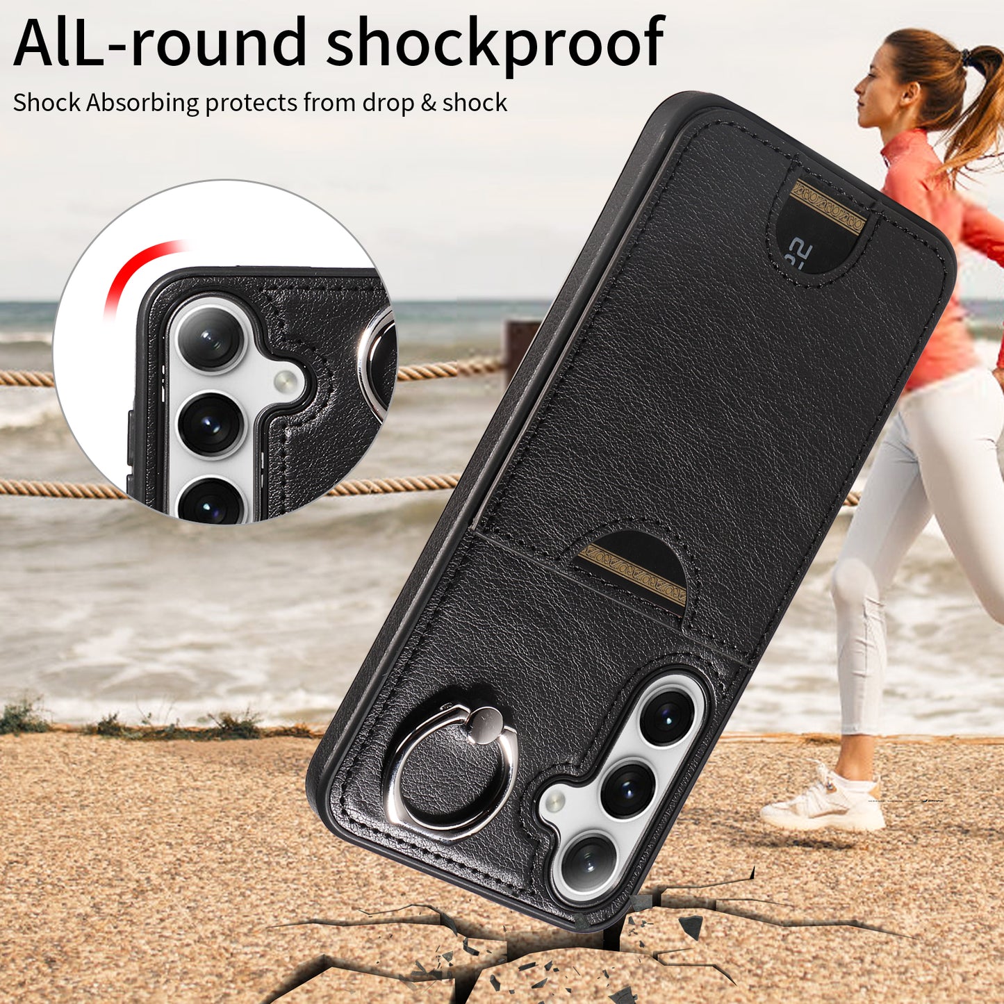 006 For Samsung Galaxy S24+ Case Card Bag PU TPU Back Cover with Ring Holder - Black