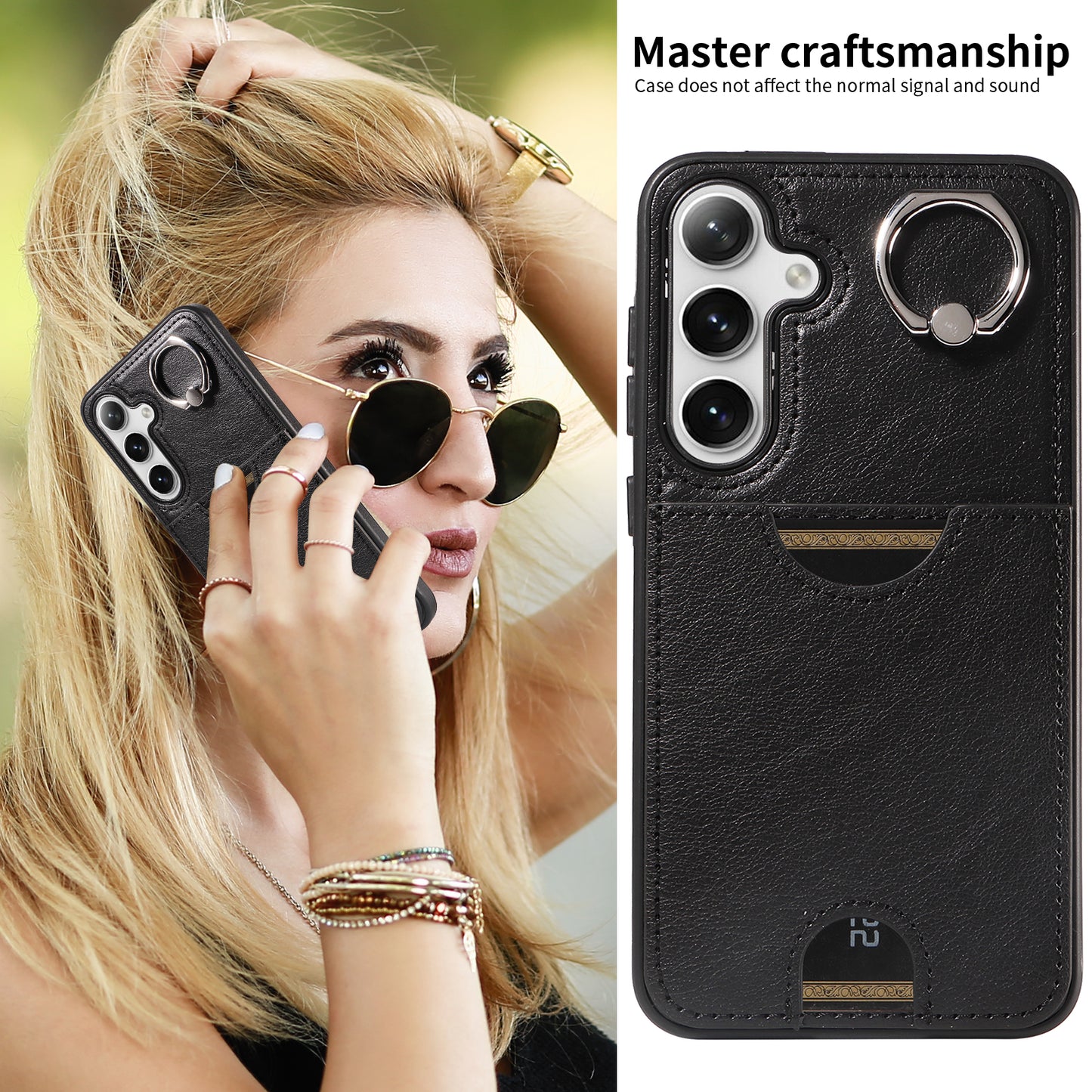 006 For Samsung Galaxy S24+ Case Card Bag PU TPU Back Cover with Ring Holder - Black