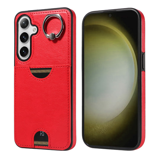 006 For Samsung Galaxy S24+ Case Card Bag PU TPU Back Cover with Ring Holder - Red