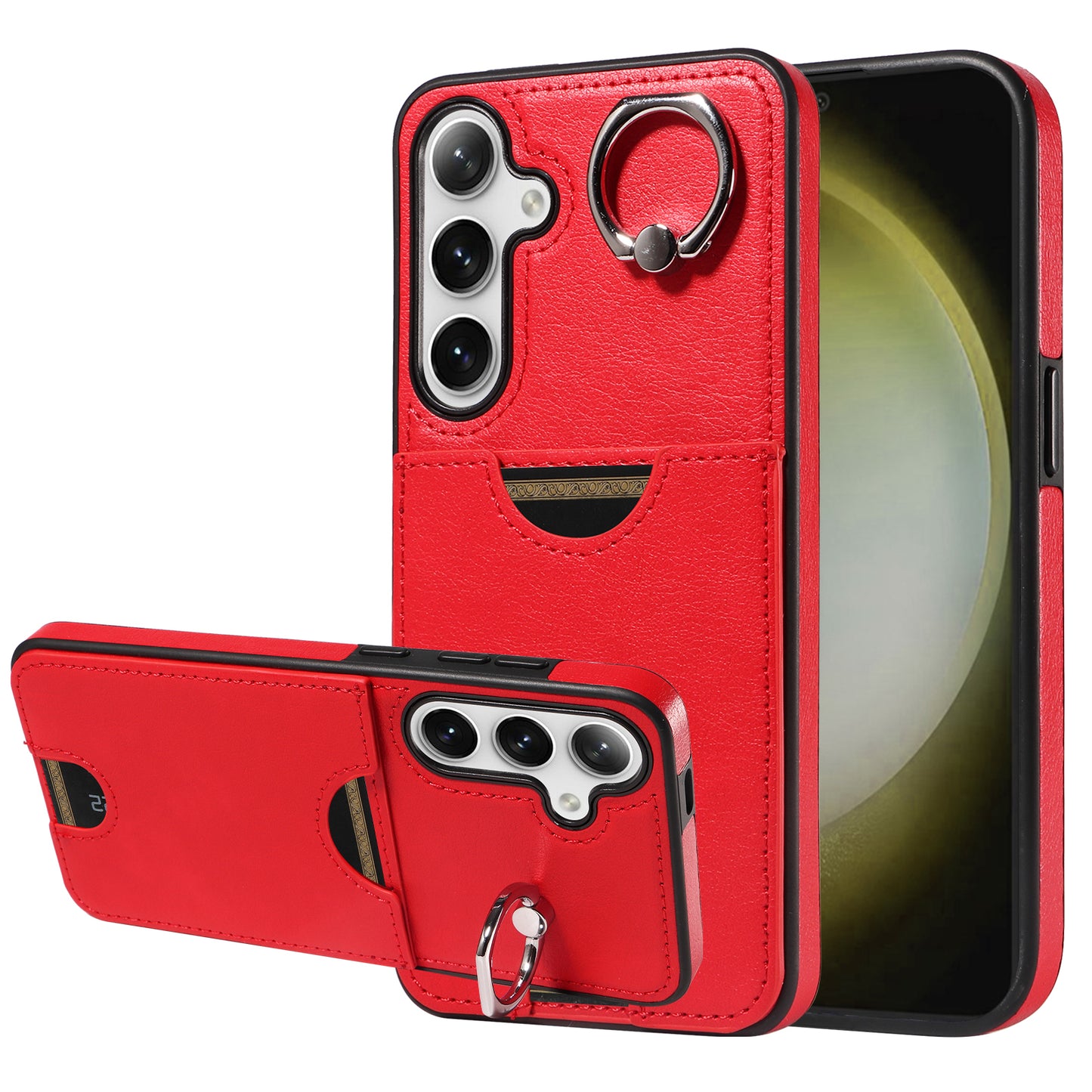 006 For Samsung Galaxy S24+ Case Card Bag PU TPU Back Cover with Ring Holder - Red