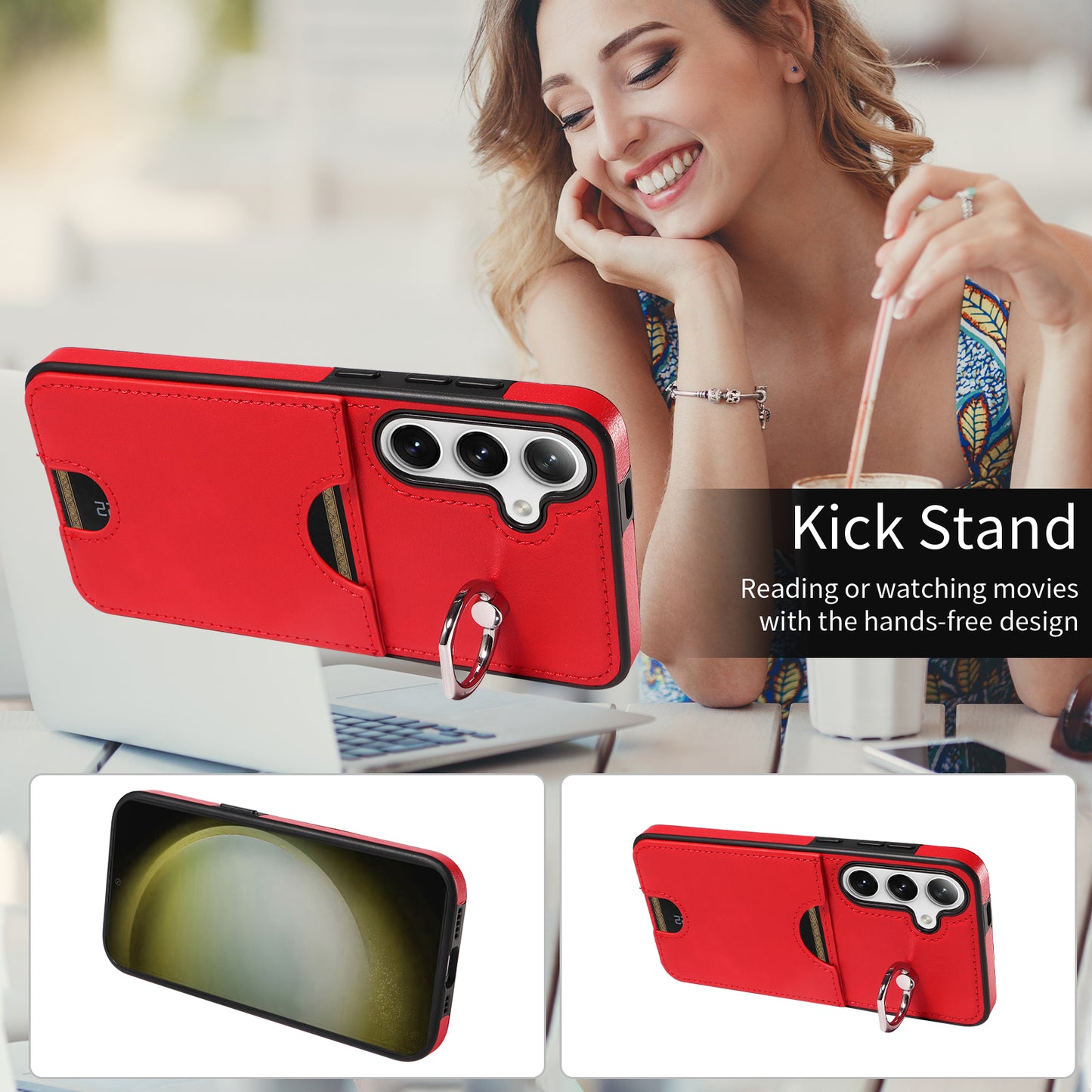 006 For Samsung Galaxy S24+ Case Card Bag PU TPU Back Cover with Ring Holder - Red